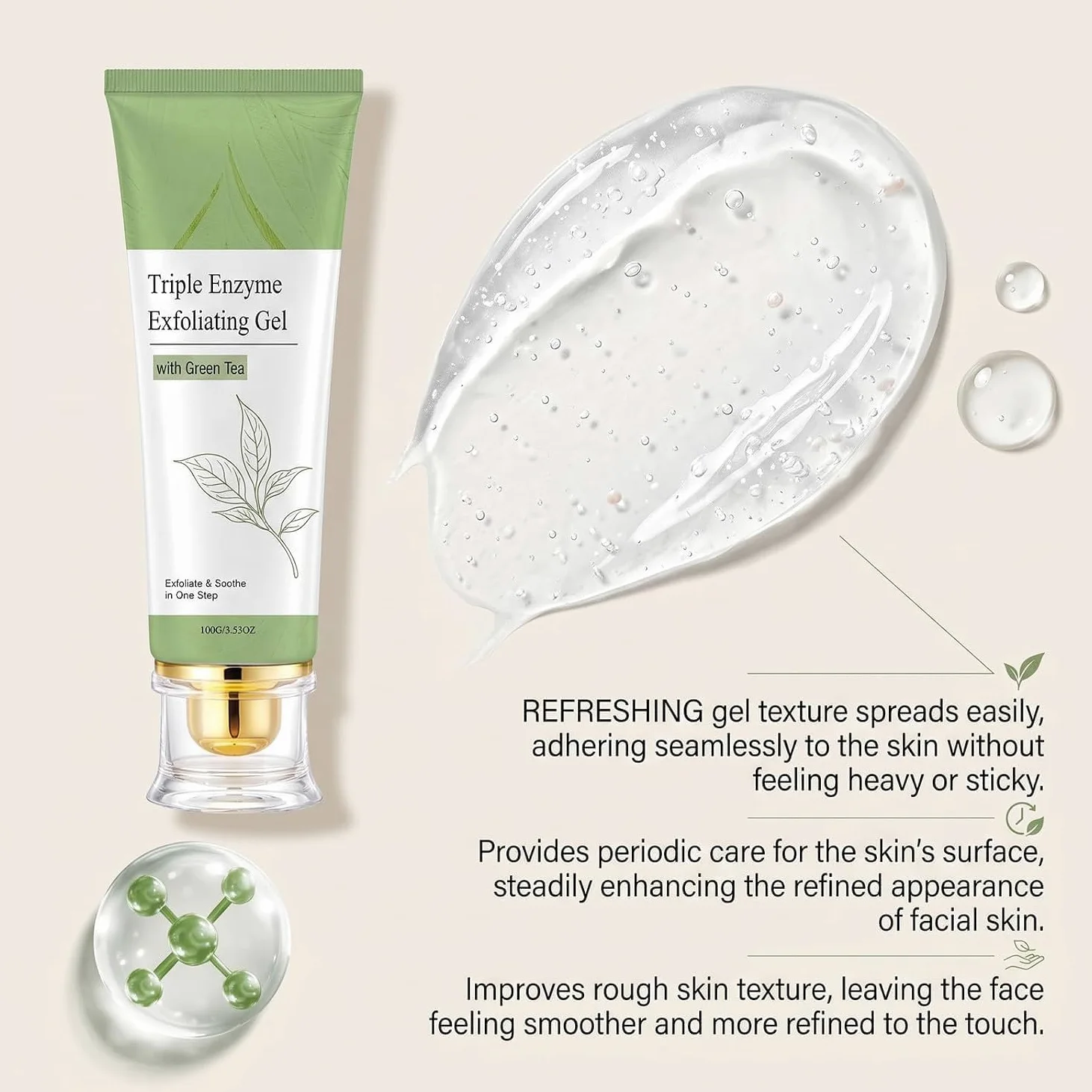 Gel esfoliante a triplo enzima con tè verde, rimuove le cellule morte, esfoliante viso per pori profondi, esfoliante viso delicato per uomo e donna
