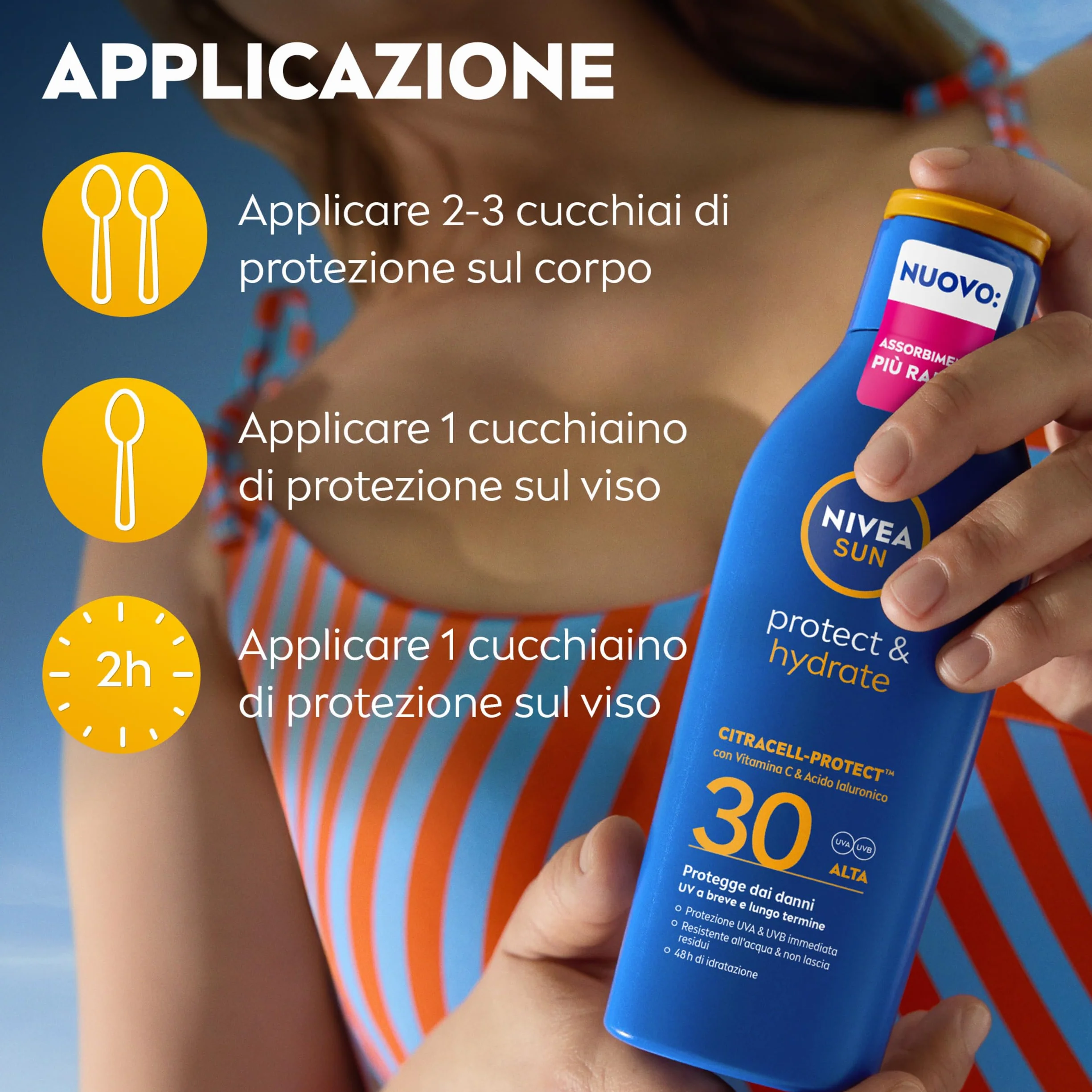 NIVEA SUN Protect & Hydrate Crema Solare SPF 30 200 ml Idratante 48h Resistente all'Acqua Vitamina C Acido Ialuronico