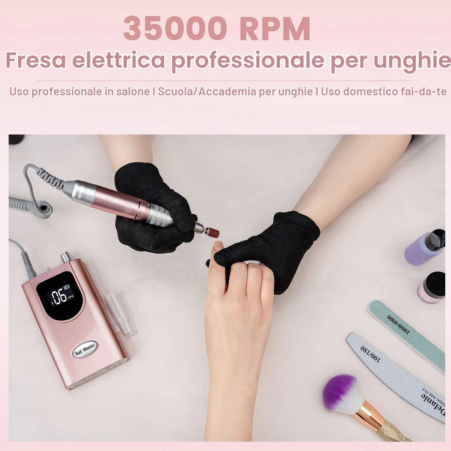 Delanie Fresa per Unghie Professionale, Portatile e Ricaricabile 35000 Giri a Display LCD per Manicure e Pedicure, Trapano Elettrico per Unghie Gel/Smalto Velocità Regolabile Rosa
