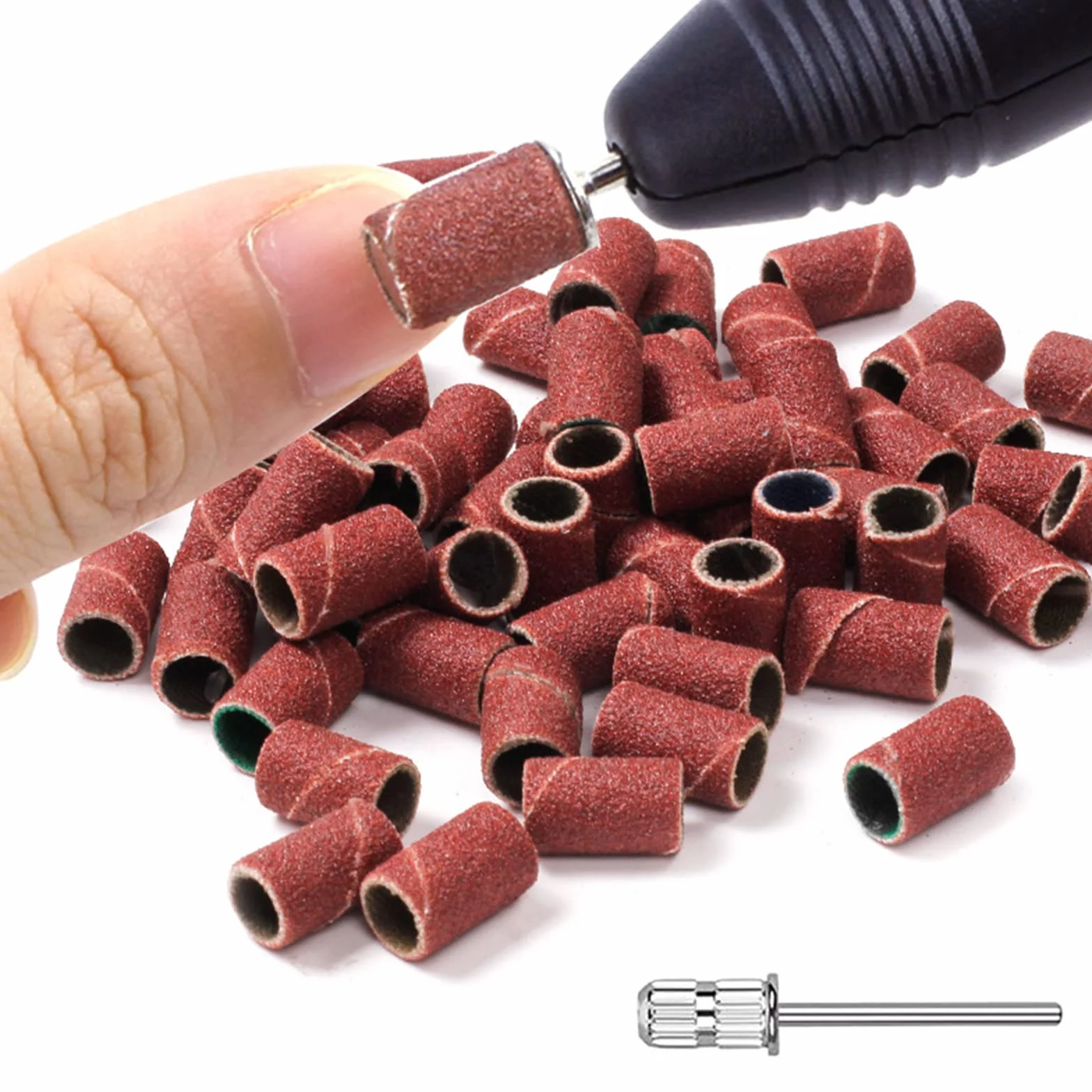 100 Pezzi Nastri Abrasivi Manicure 180#, Ideale per Macchina Manicure Utensili Montati Teste di Molatura Cilindrica(2*Punta da Trapano per Unghie)