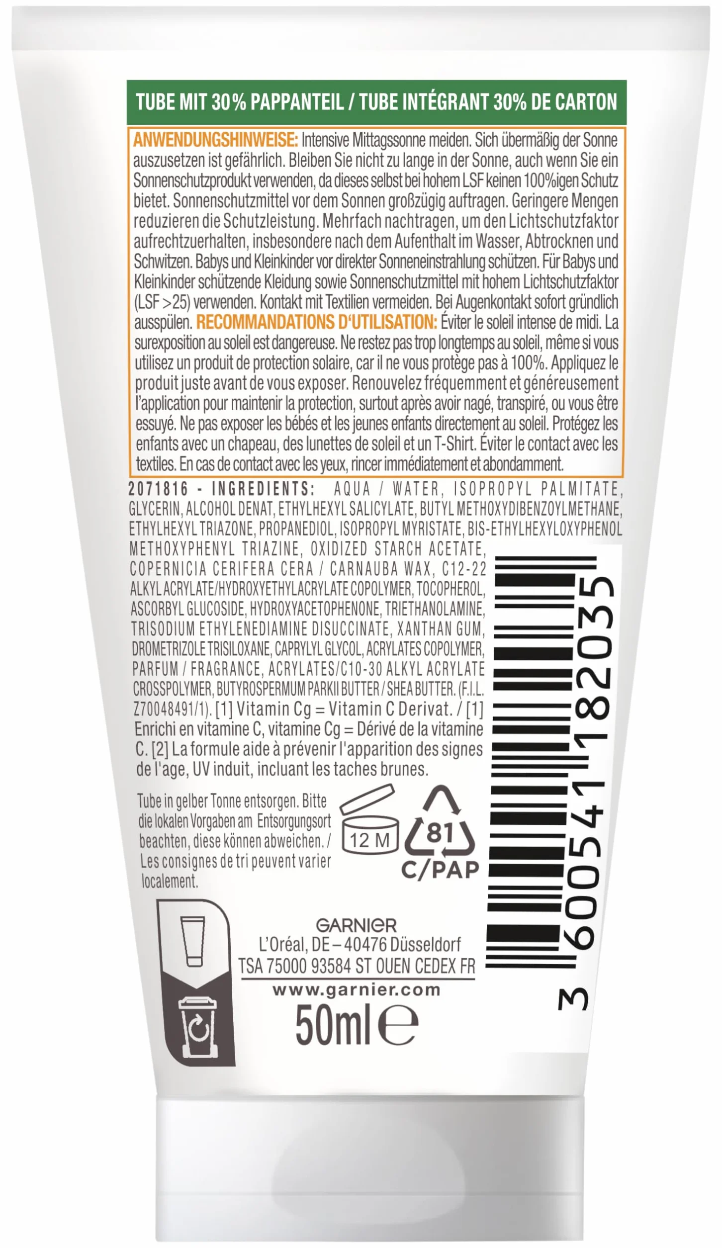 Garnier Ambre Solaire Crema solare/ crema idratante Protezione solare Latte solare/ SPF 30, 50 ml