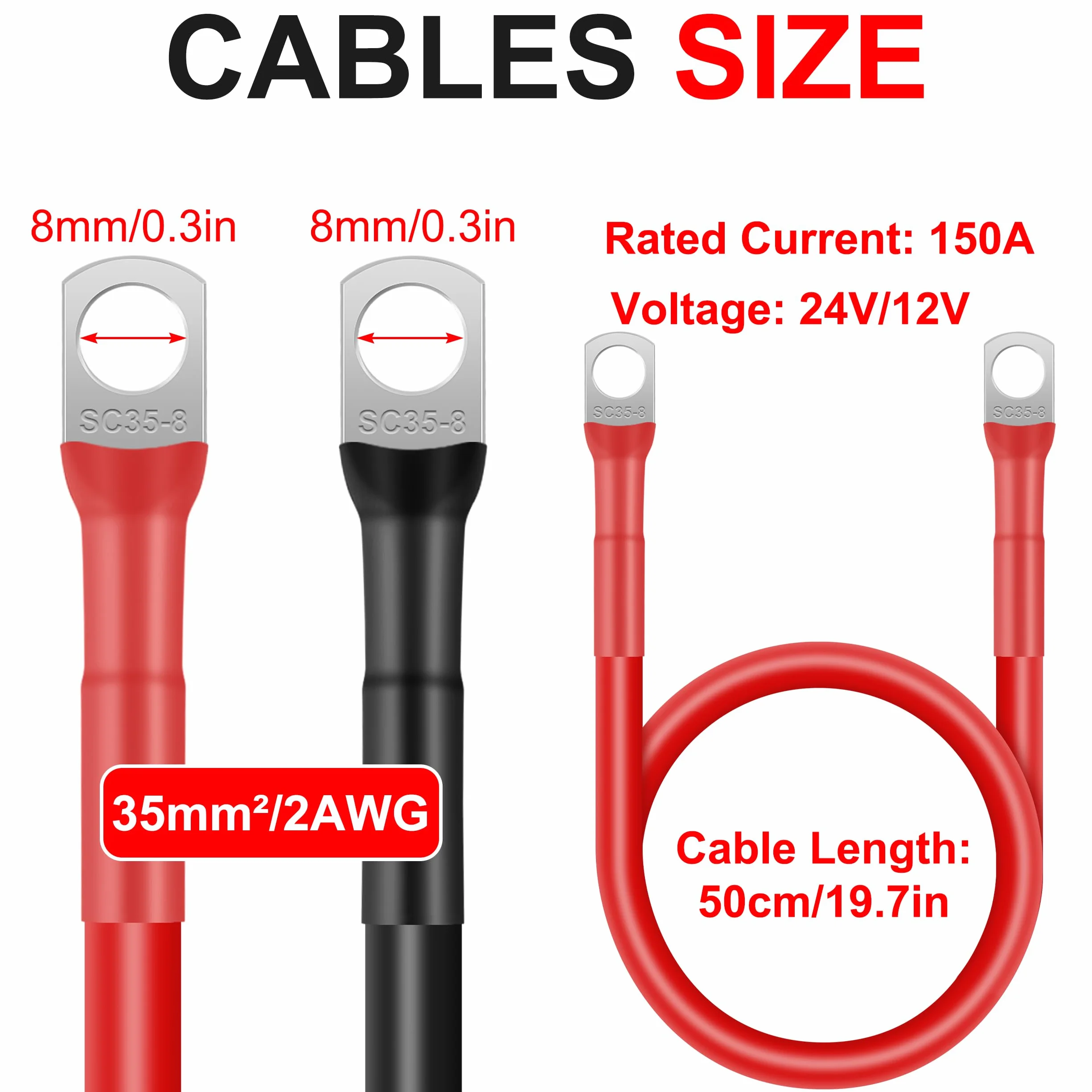 Cavi Batteria Auto 50cm 35mm² 2AWG 12V con Capicorda M8 per Camion Moto Marina Solare Nero e Rosso