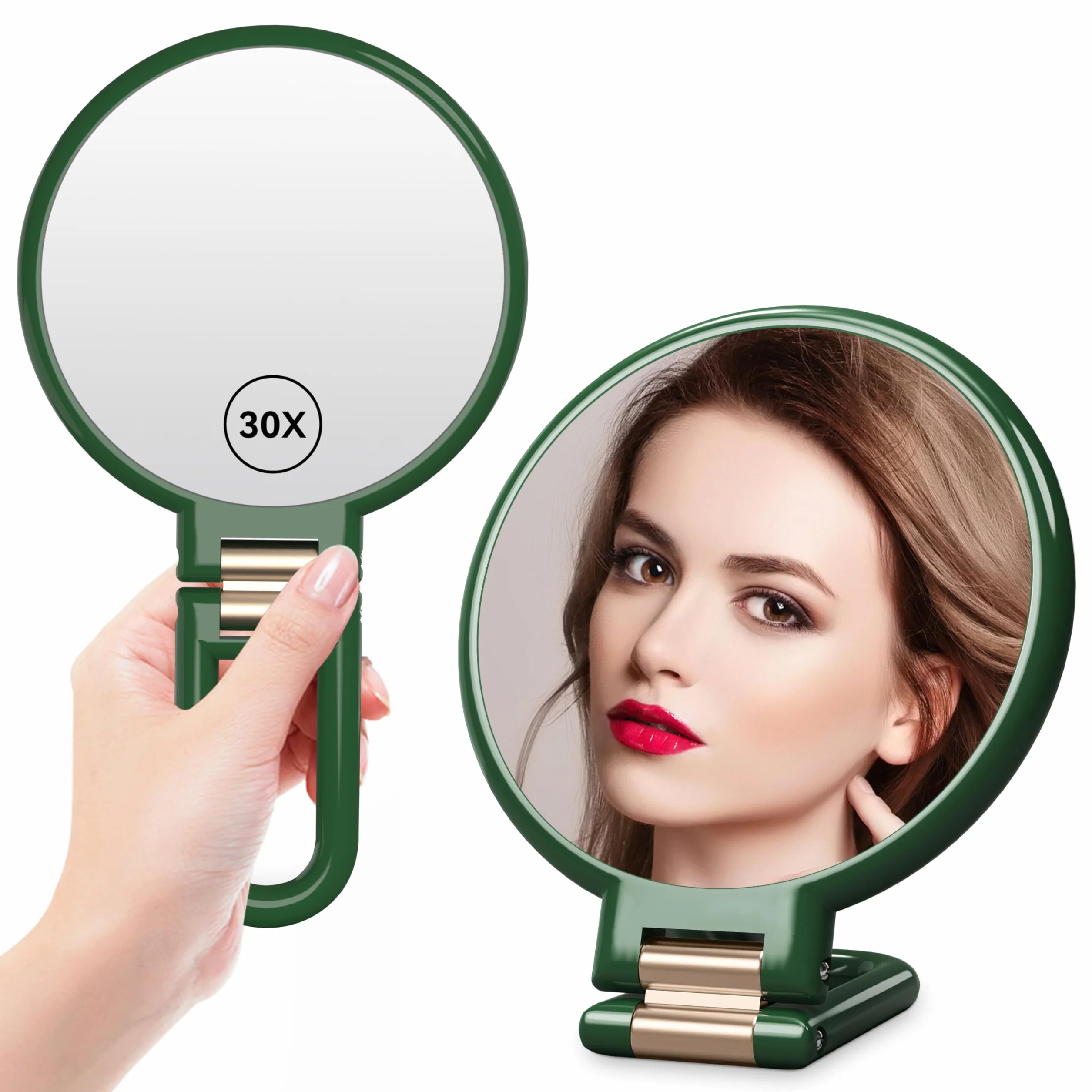 Auxmir Specchio Ingranditore Bifacciale 30X/1X, Specchio a Mano 14CM, Alta Definizione, Portatile, Pieghevole, Appendibile, Specchio Trucco da Viaggio per Trucco, Cura del Viso, Verde