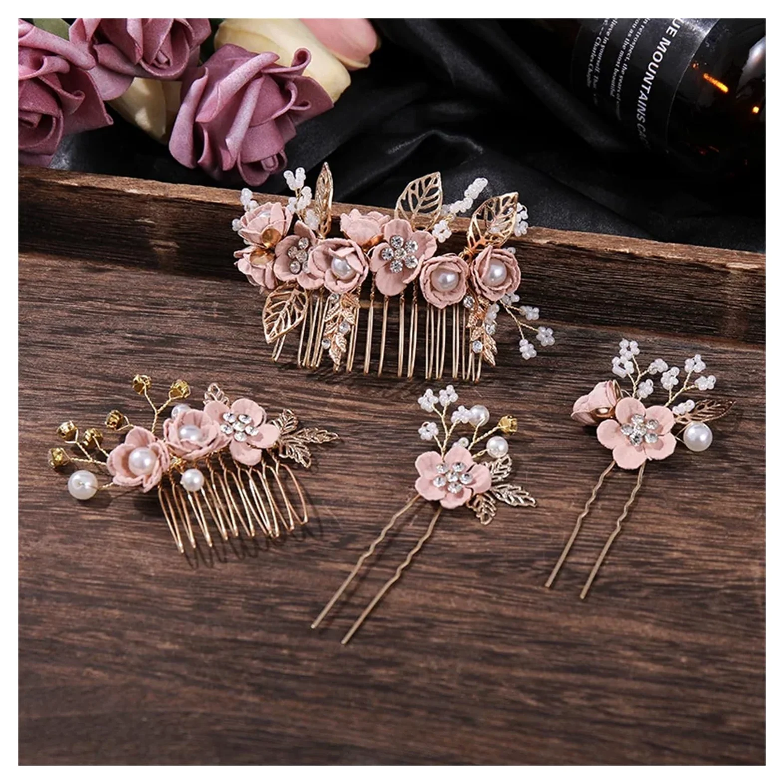 Palillos Para El Pelo Set di 4 pettini for capelli con fiori di cristallo e forcine for capelli, con perle e strass, set di gioielli da sposa, accessori for nozze(Pink)