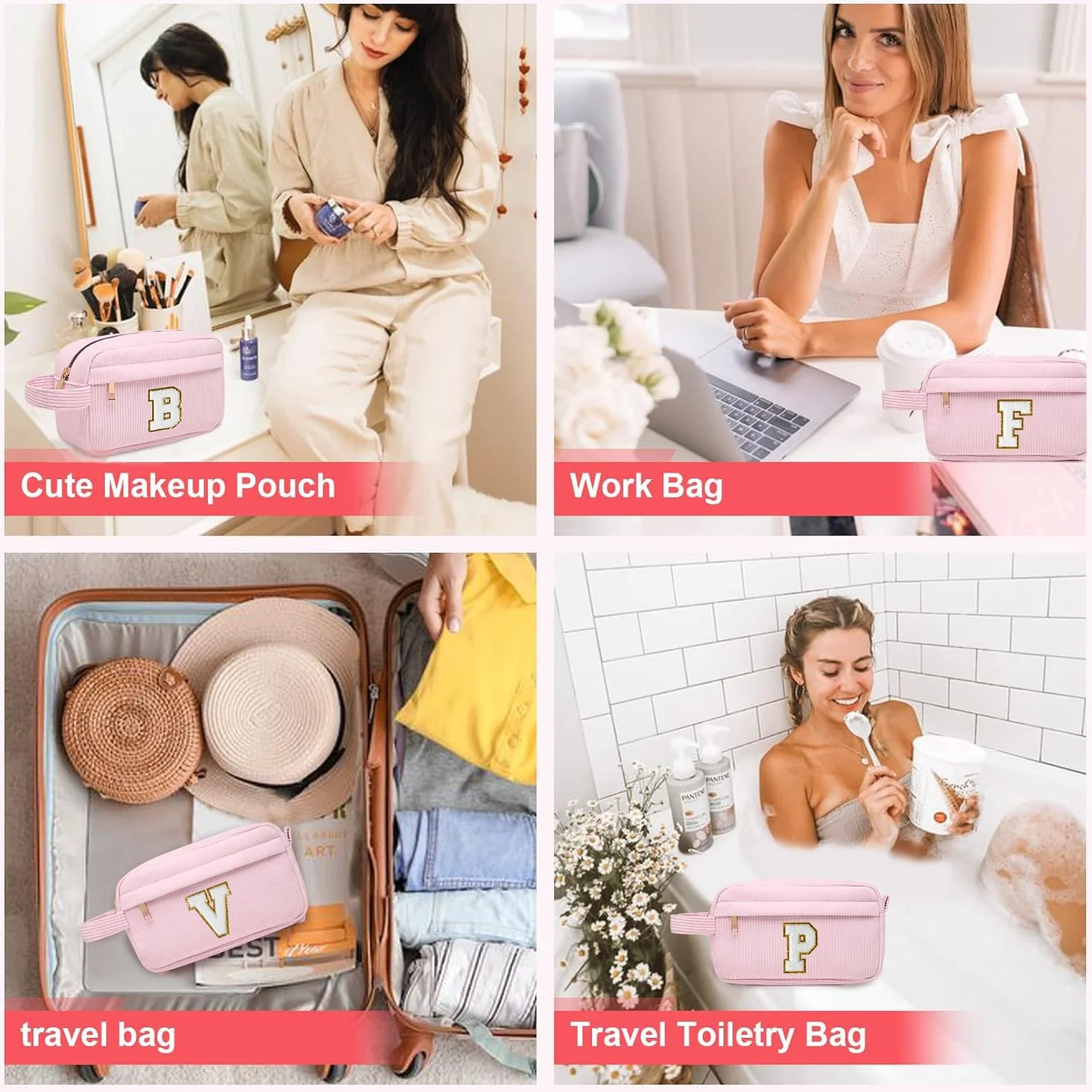 Personalizzata Iniziale Borsa per Cosmetici per Donna, Pochette Trucchi Viaggio con Tasca Interna, Trousse Trucchi Organizer Cosmetici Rosa