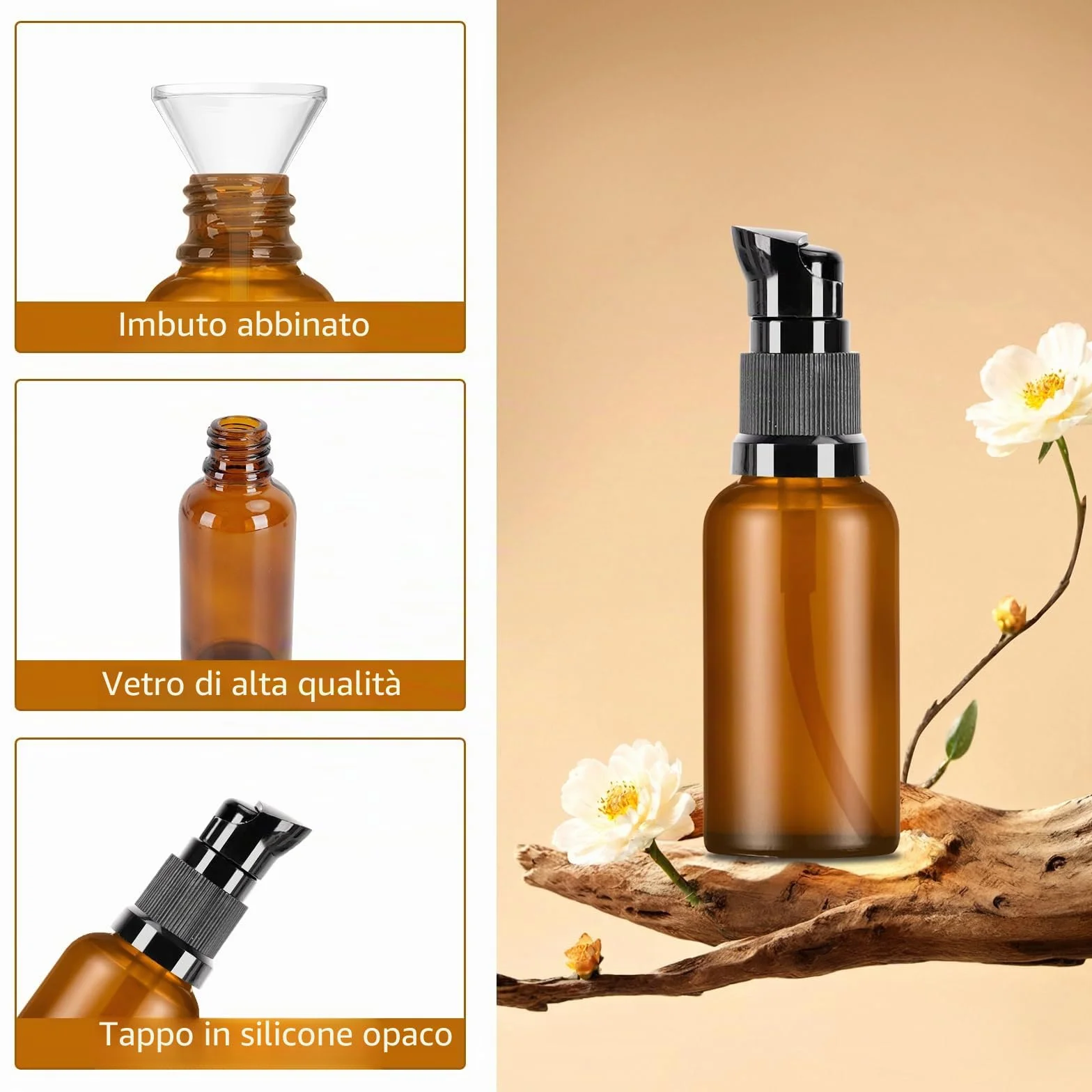 8 Pz Flaconi da Viaggio 30 ml, Bottiglie di Vetro Vuote Marroni, Dispenser Pompa in Vetro, Pompa Bottiglie da Viaggio in Aereo per Lozione Cosmetici Crema Shampoo Liquidi, con 4 Imbuti (8)