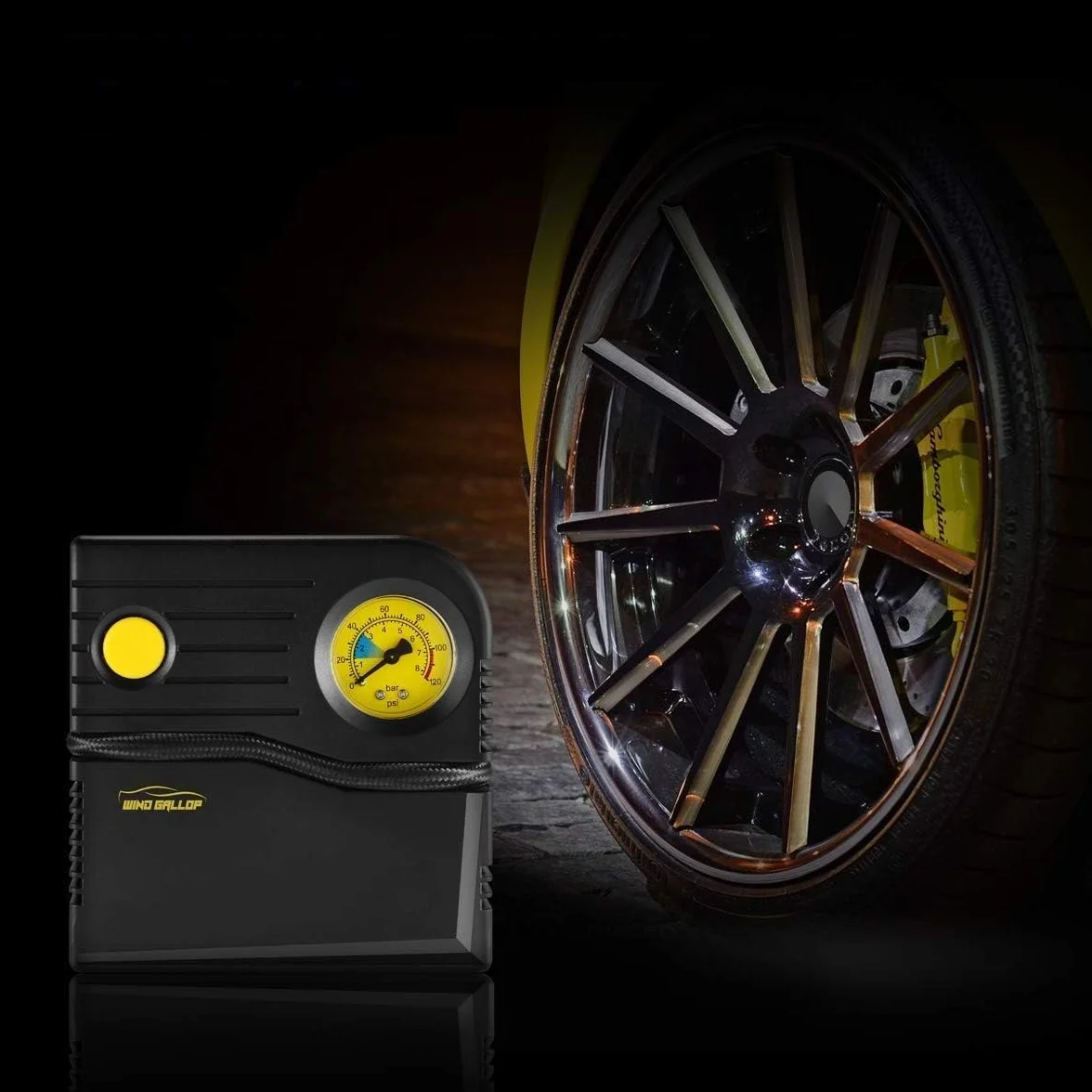 WindGallop Mini Compressore Aria Portatile 12V Professionale Gonfiatore Analogico per Pneumatici Auto con Manometro Giallo