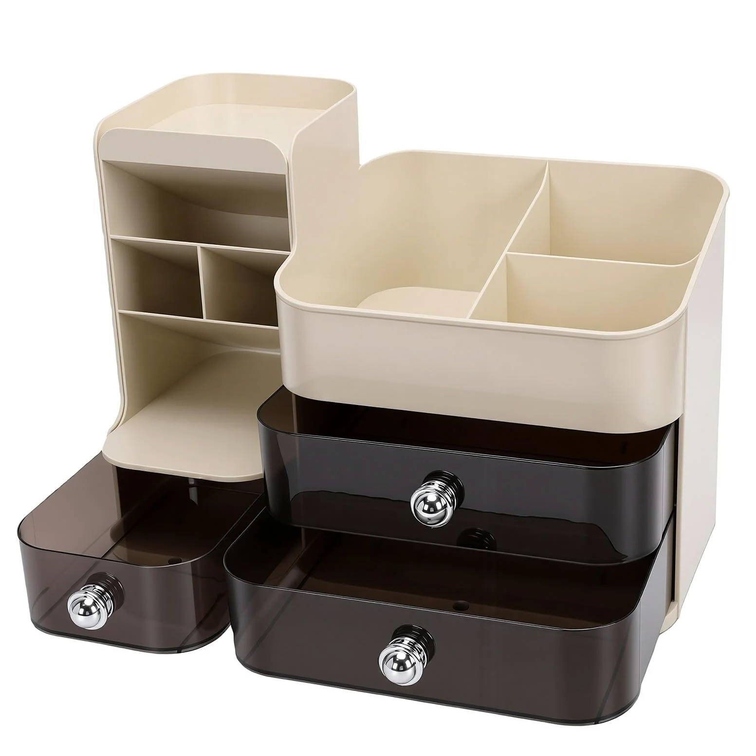 Duokon Porta Trucchi da Tavolo con Porta Pennelli e 3 Cassetti per vanità Bagno Ufficio Storage (bianco panna)