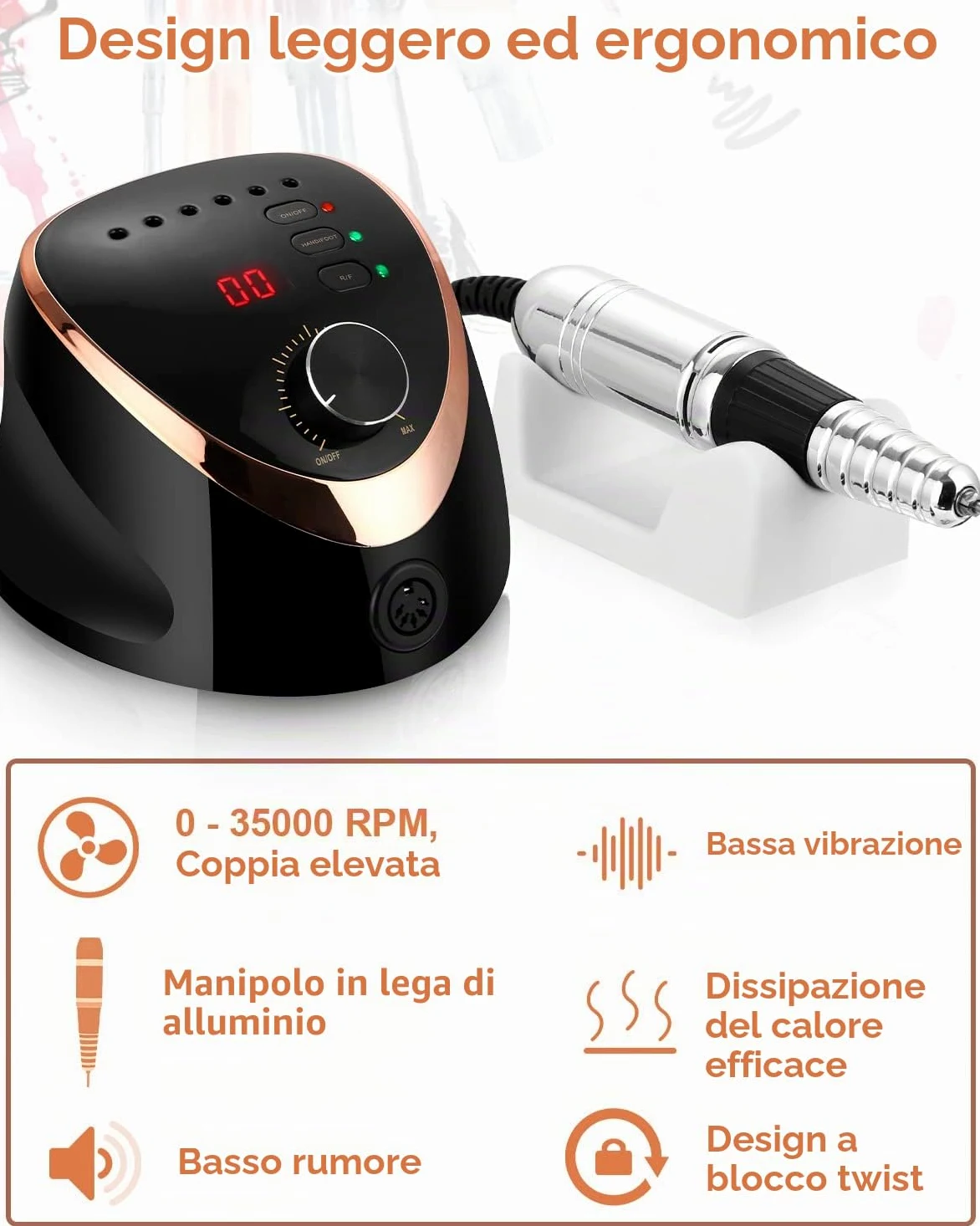 Fresa per Unghie Professionale 35000 Giri Trapano per Unghie Regolabile La Rettificatrice con Modalità Pedale,Display LED Elettrico di Chiodo Strumenti Fresa per unghie acriliche gel Pedicure Nero | Fresa per unghie con indicatore LED, pedale, velocità re