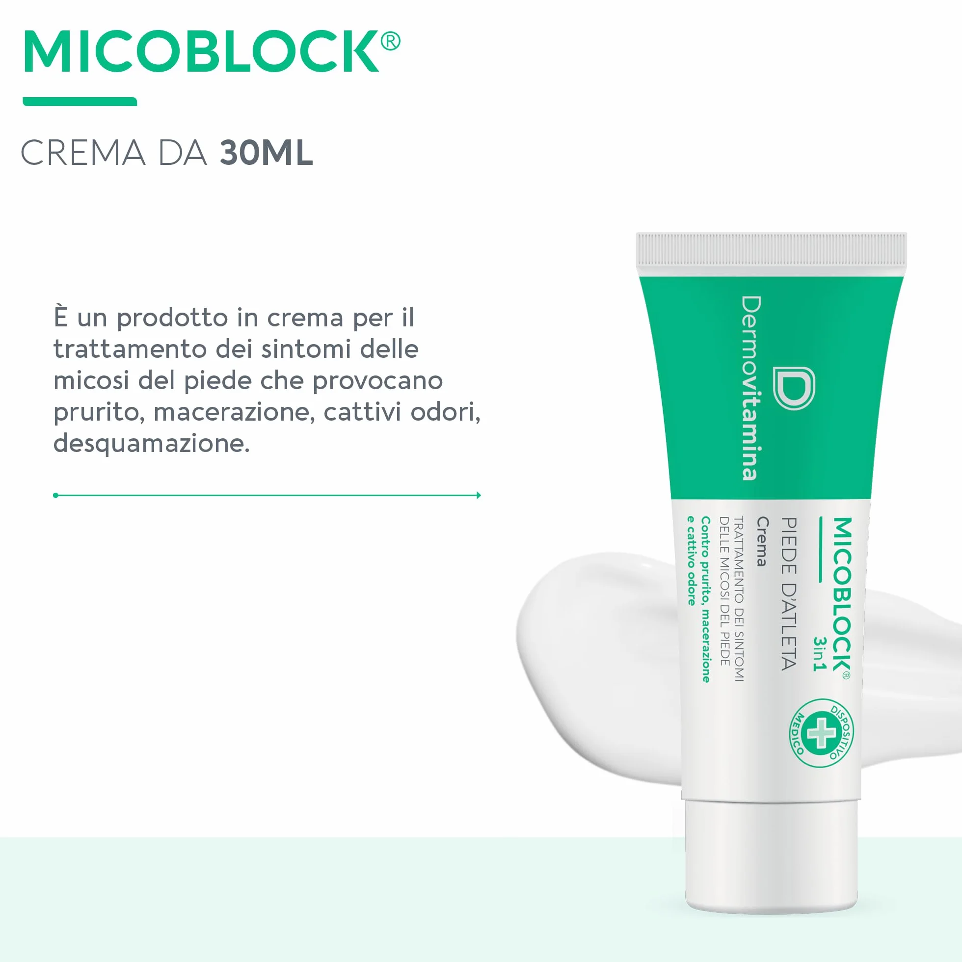 Dermovitamina Micoblock 3in1 Crema Piede d'Atleta 30 ml - Trattamento Micosi, Prurito, Odore
