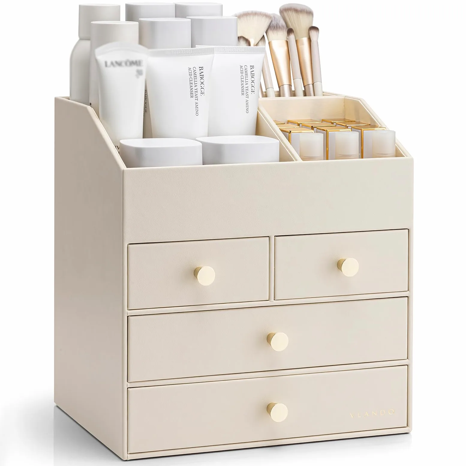 VLANDO Organizer per trucchi con 4 cassetti, grande organizer da tavolo da | Organizer per profumi, per la cura della pelle, accessorio da toeletta per rossetto, regalo, beige