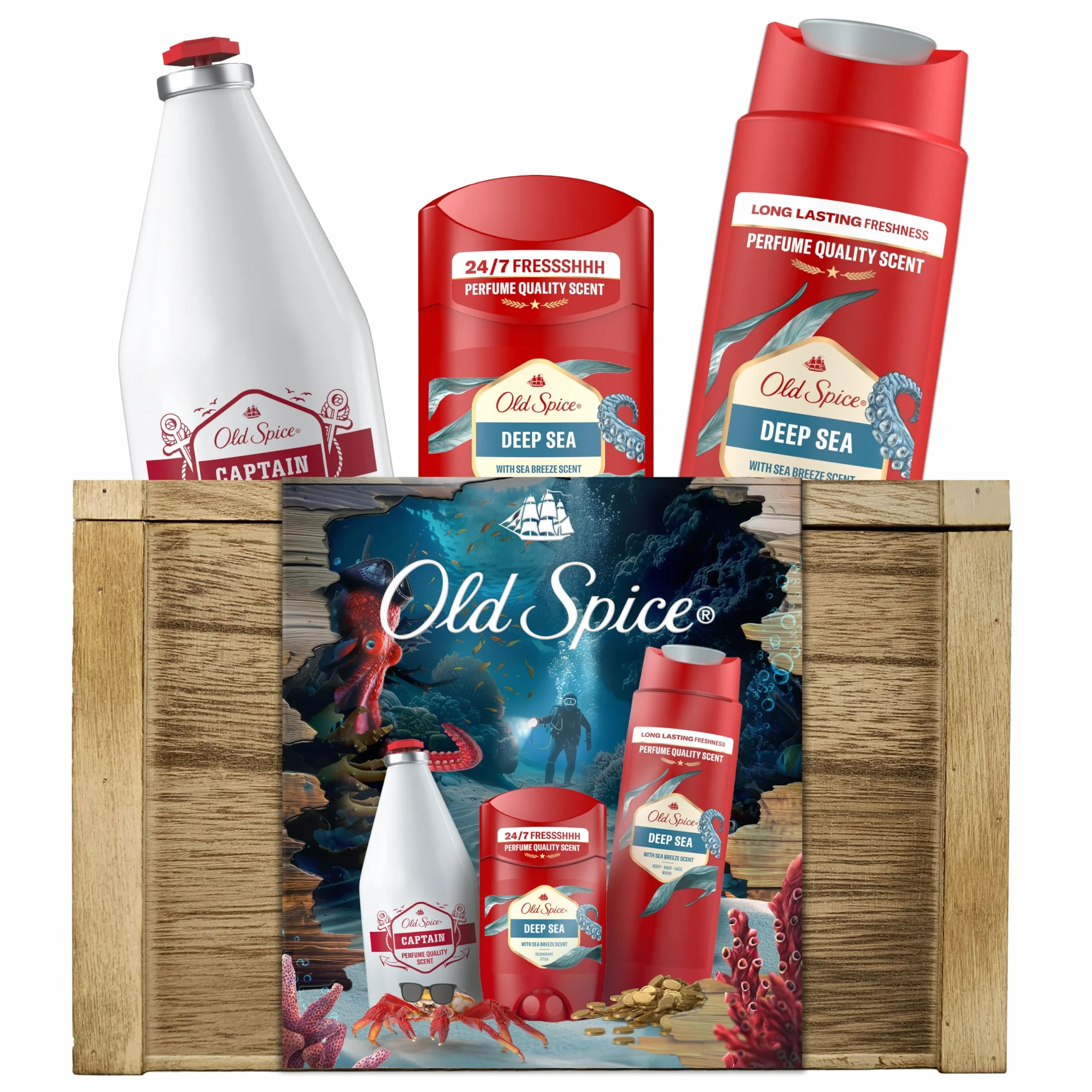 Old Spice Confezione regalo Treasure Chest, set regalo uomo, Deep Sea Deodorant Stick 50ml, deodorante spray 150ml, gel doccia 250ml e dopobarba Capitan 100ml