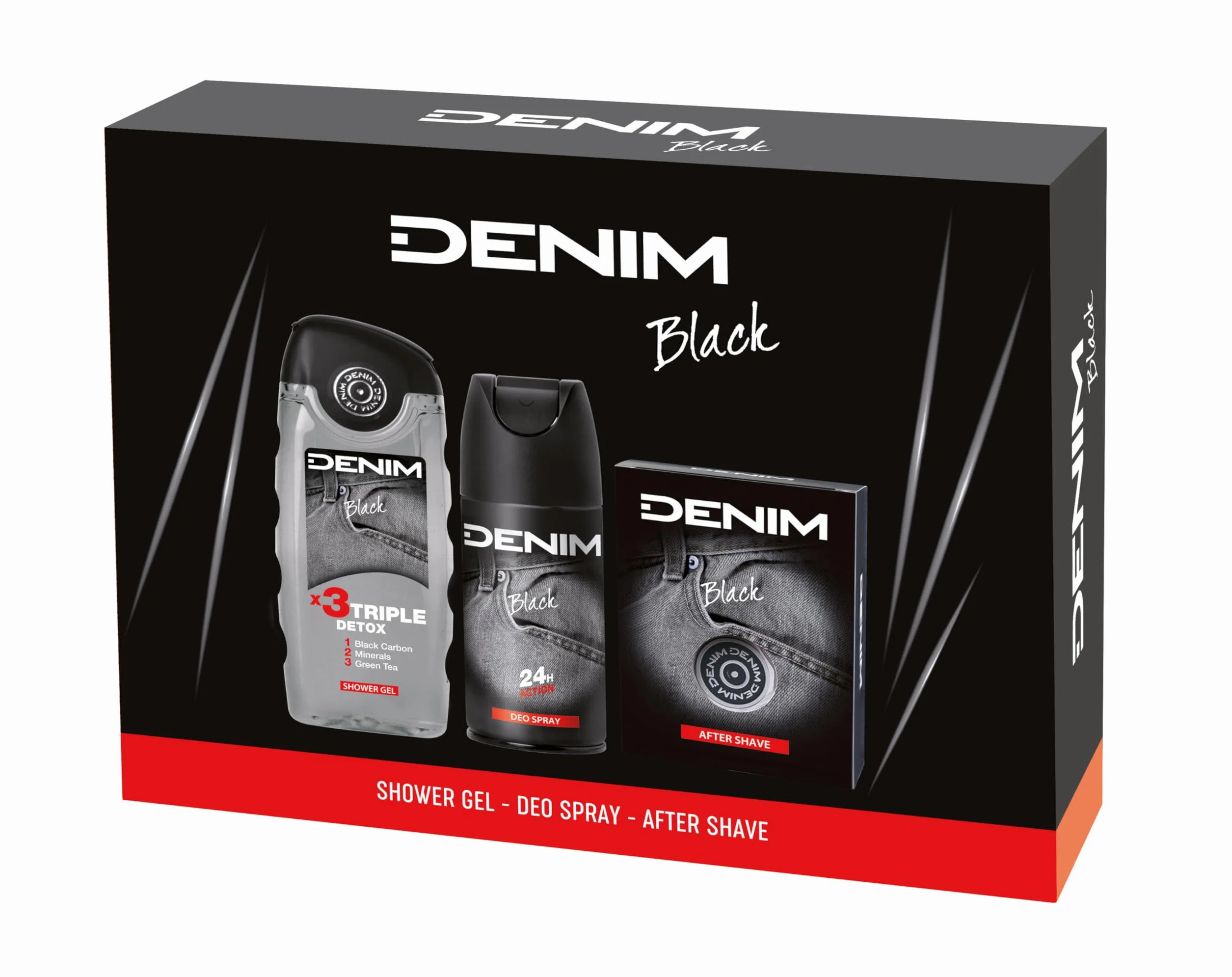 Denim - Regalo Uomo, After Shave Dopobarba 100 ml, Docciaschiuma 250 ml e Deodorante Spray 150 ml, Fragranza Black, Azione Lenitiva ed Emolliente