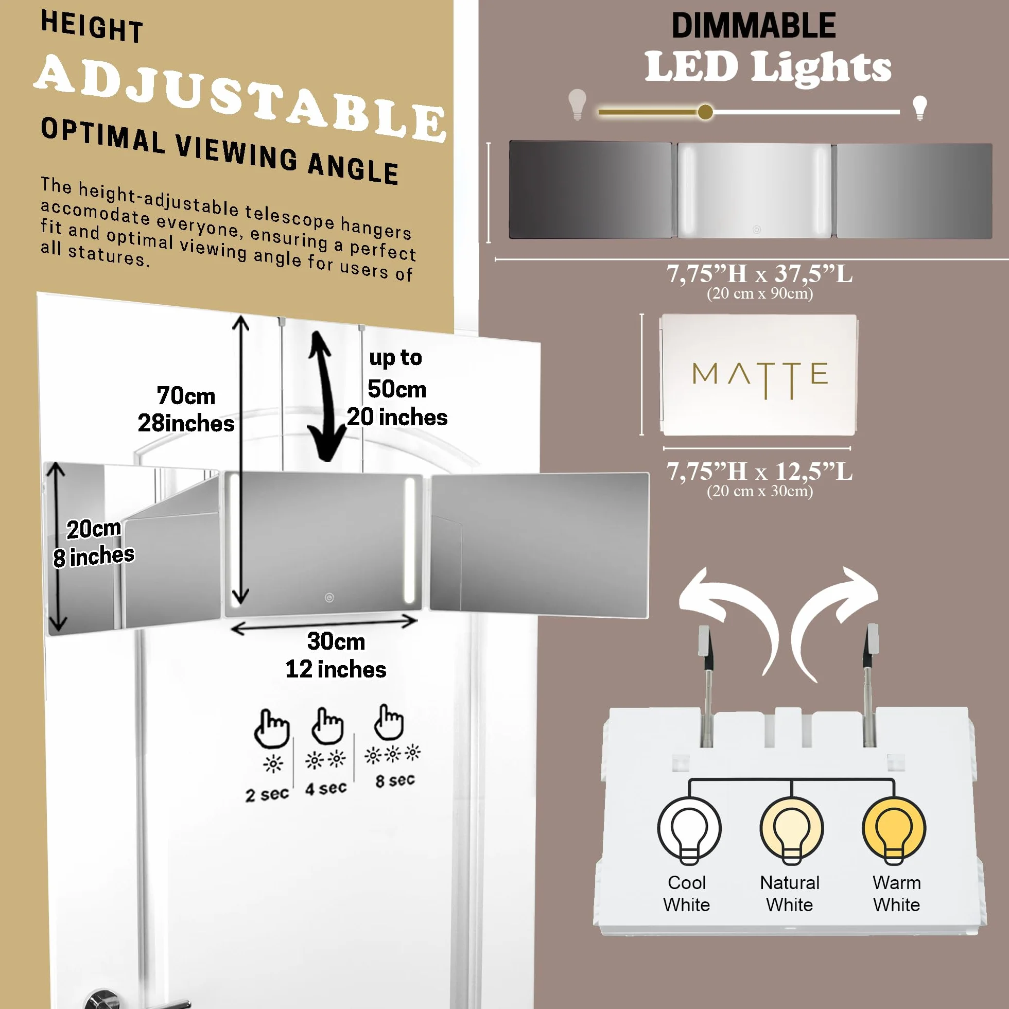 Specchio trittico LED 360° per capelli, altezza regolabile, 3 lati pieghevoli