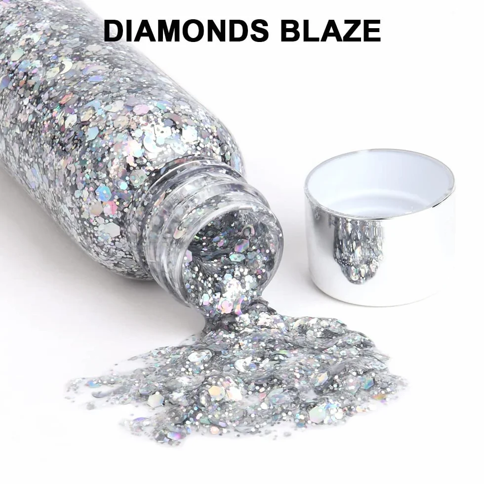 URAQT 1pcs Glitter Corpo e Viso per Unghie, Occhi, Labbra, Capelli - Gel Chunky per Musica, Festival, in Maschera(Argento)
