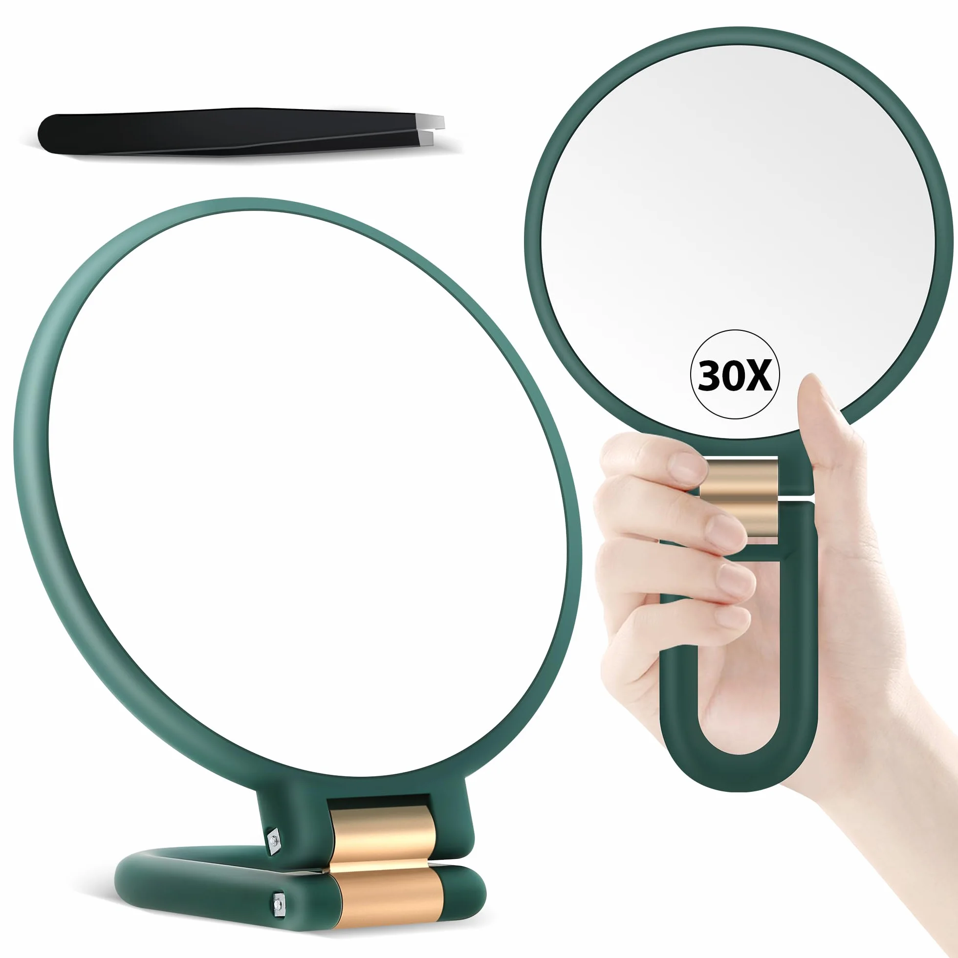 MIYADIVA Specchio ingranditore portatile doppio lato 30X/1X manico regolabile 360° verde