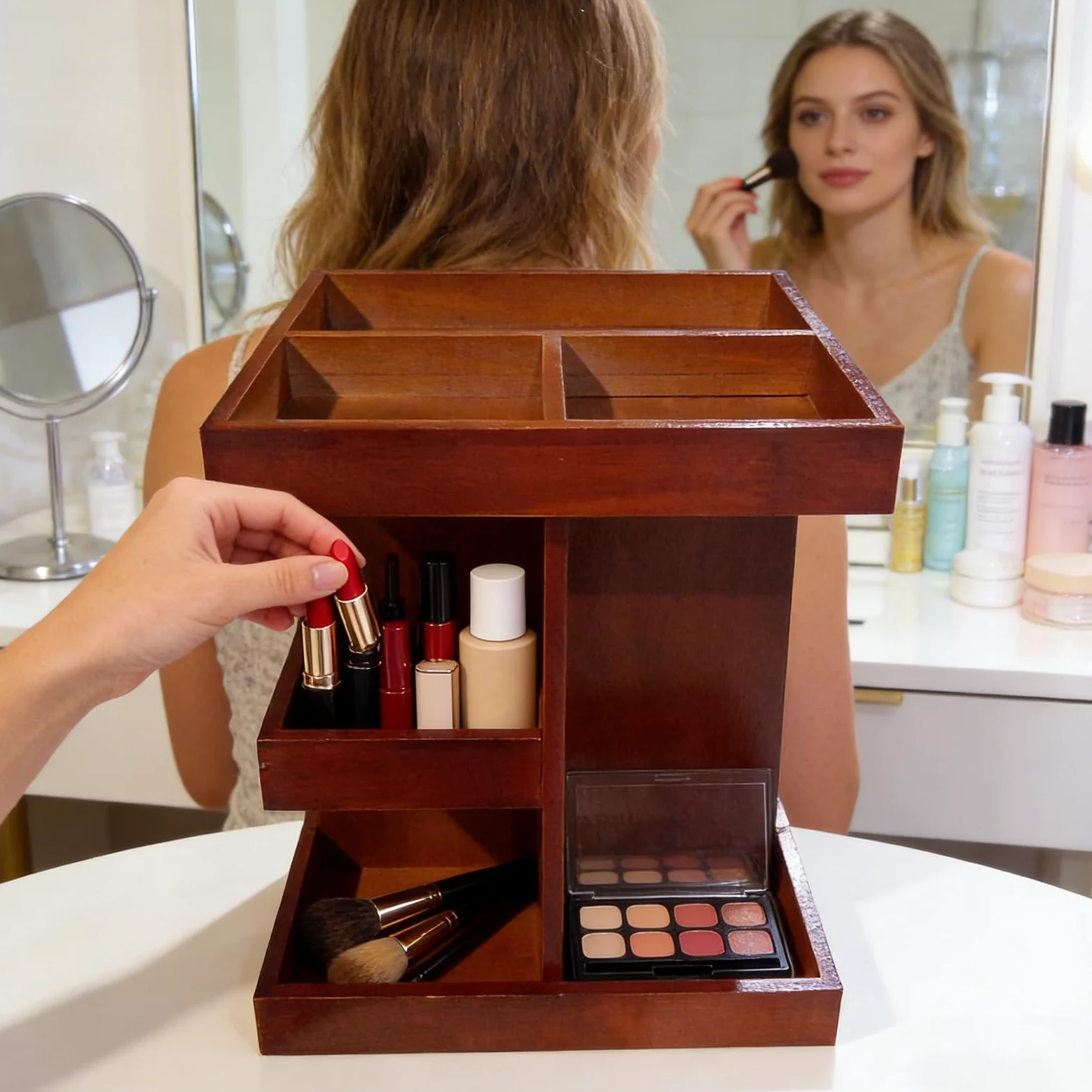 Organizer Trucco Girevole Espositore In Legno Stile Rustico | Organizer girevole portaprofumi e trucchi Articoli Toeletta Cosmetici Profumi Cura Pelle Casa Bagno Camera Piano Appoggio