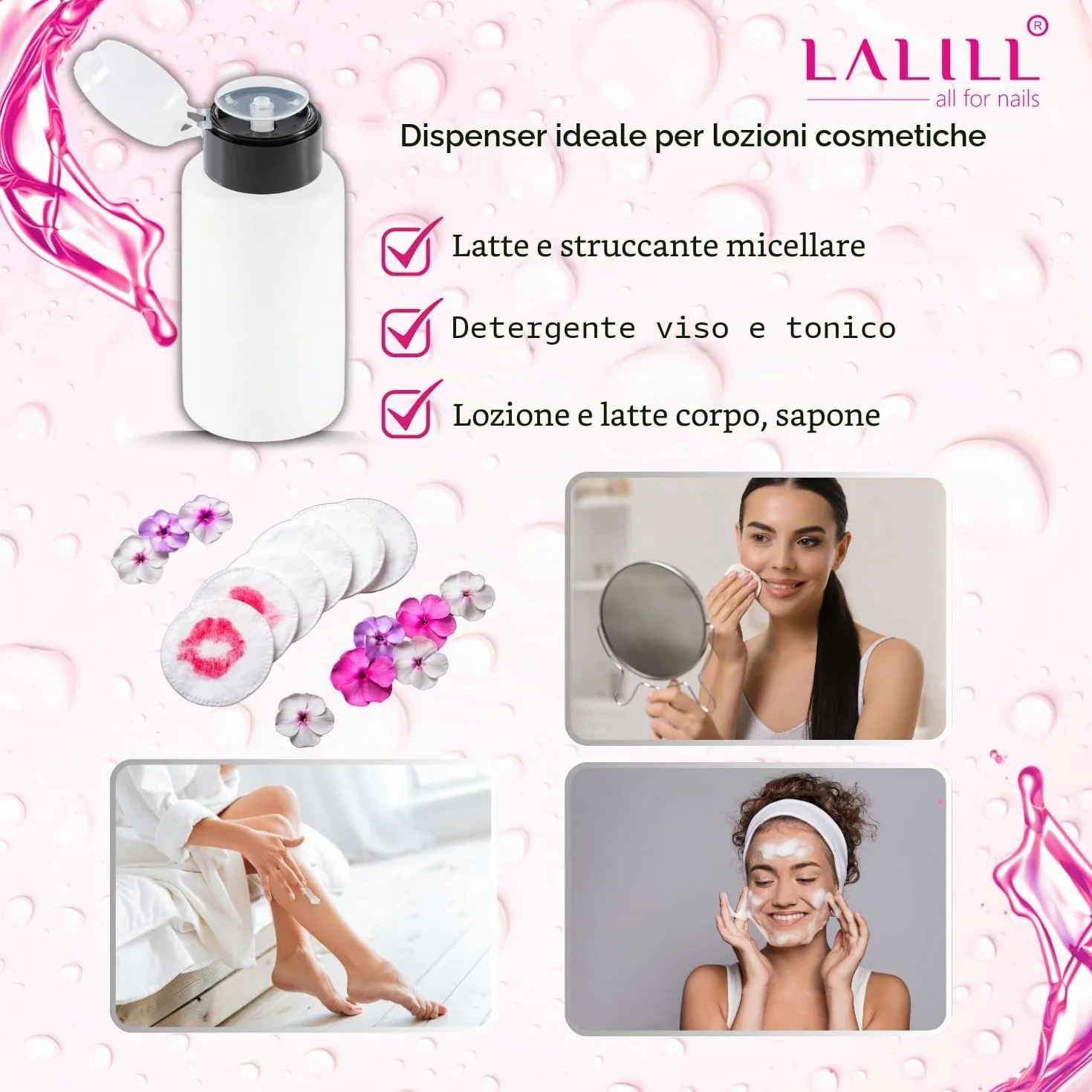 LALILL Flaconi Dosatori 2x200ml - Dispenser con Pompa per Liquidi Cosmetici - Acetone Cleaner Shampoo Lozione - Uso Professionale e Domestico