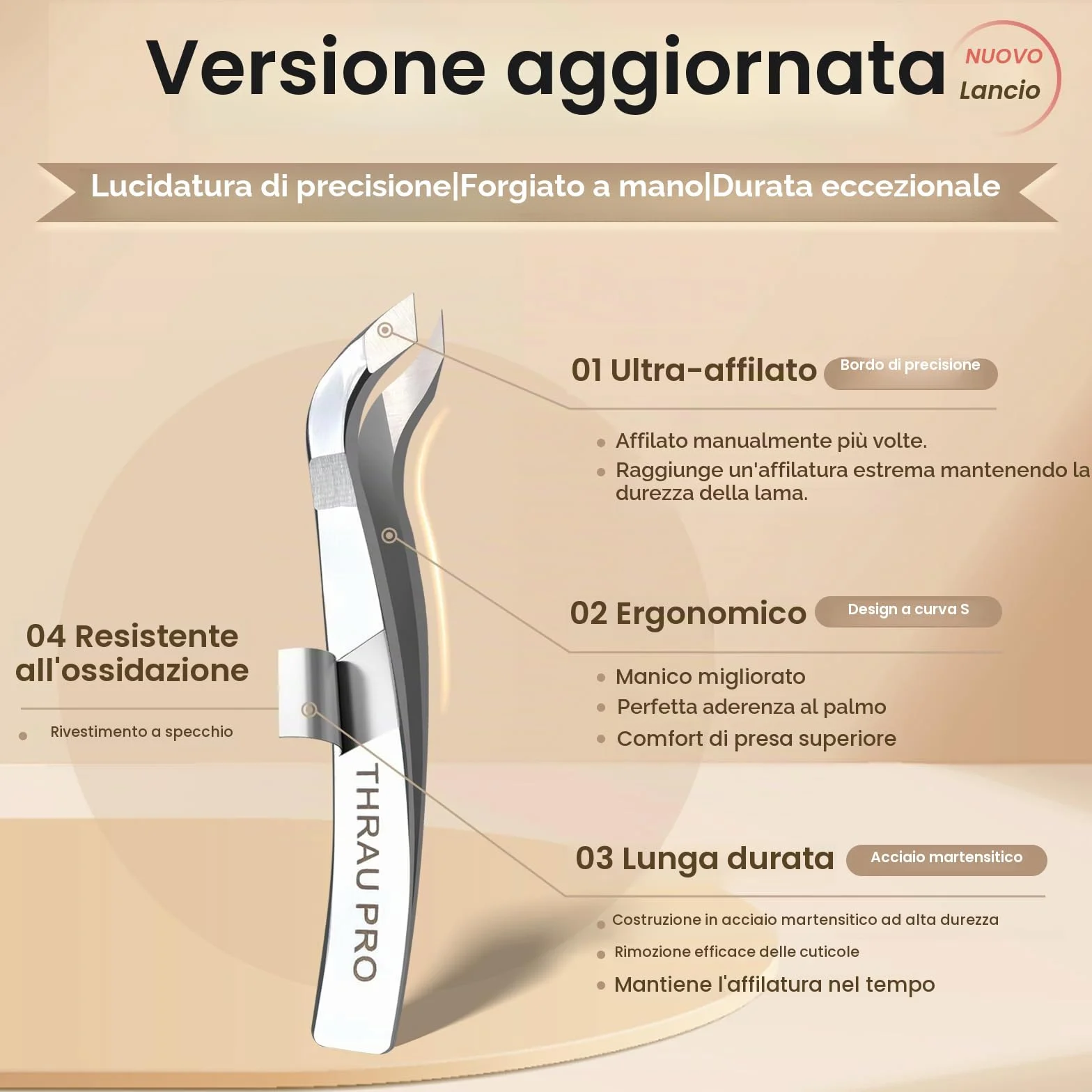 THRAU Pinza Cuticole Professionale in Acciaio Inox per Manicure e Pedicure