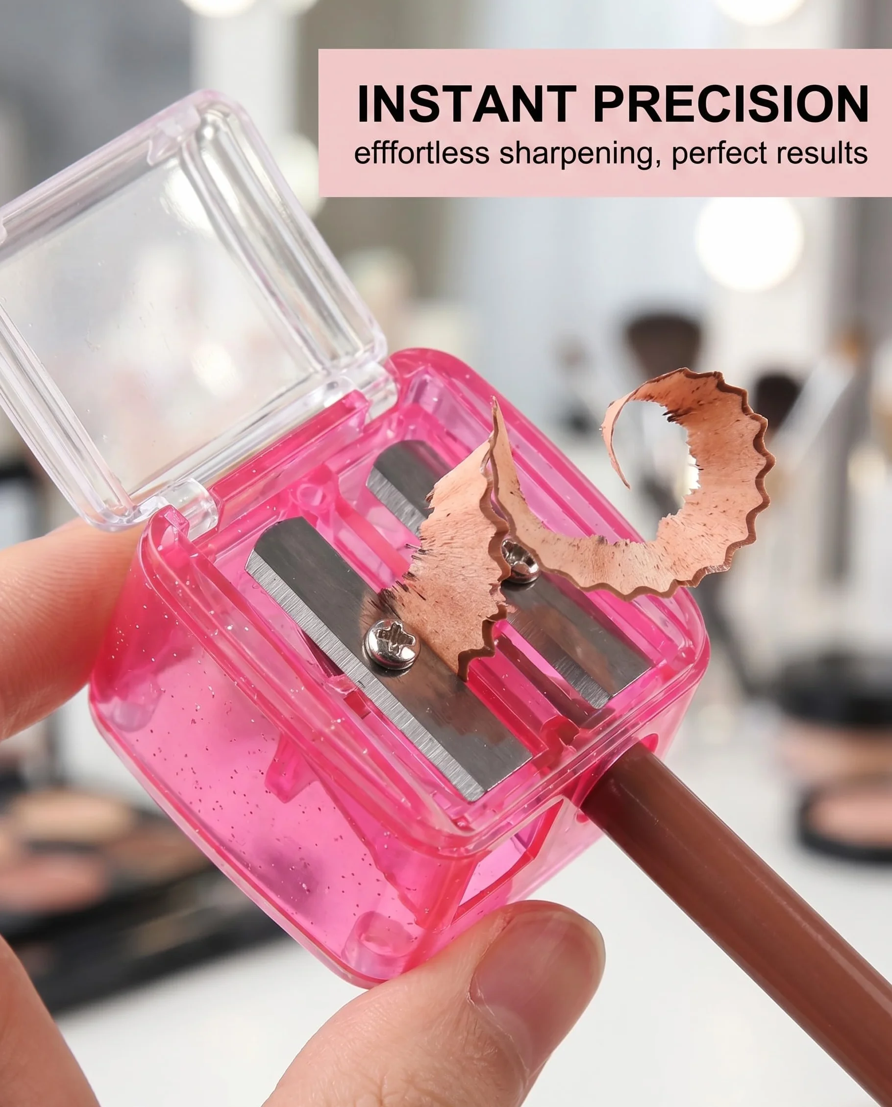 Temperamatite Trucco Universale 2 Pezzi Rosa, con Lame di Precisione per Matite Sopracciglia, Labbra, Eyeliner