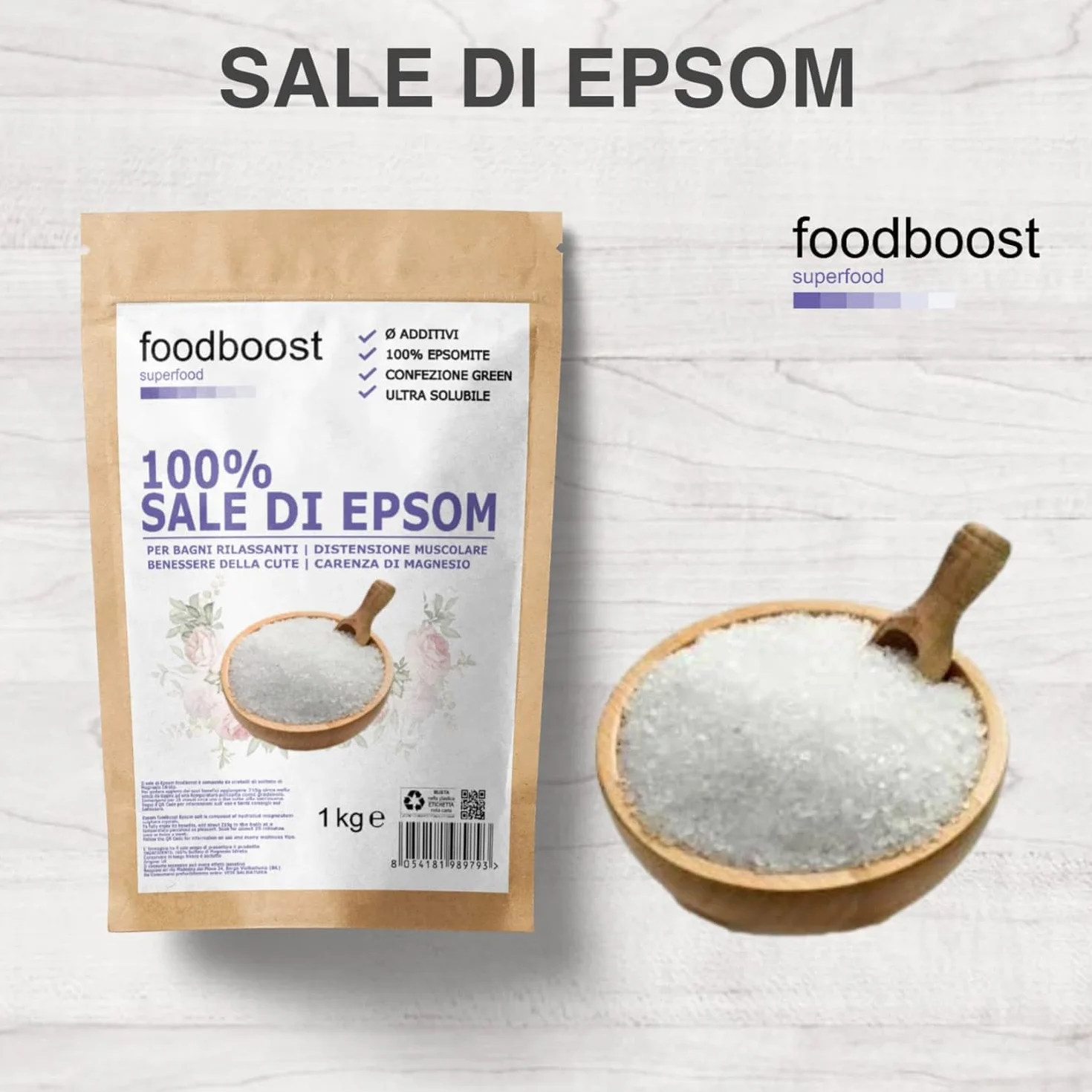 Sale Epsom Puro 1Kg Foodboost, Naturale al 100%, Ricchissimo di Magnesio, Efficace per la Bellezza di Corpo, Pelle e Capelli, Ottimo come Fertilizzante