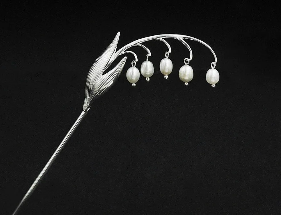 Gioielli per capelli cinesi, Bastoncini for capelli cinesi in argento 925 for capelli lunghi da donna, ciondolo con perla e ramo di fiori, spilla antica fatta a mano, squisiti accessori for capelli vi