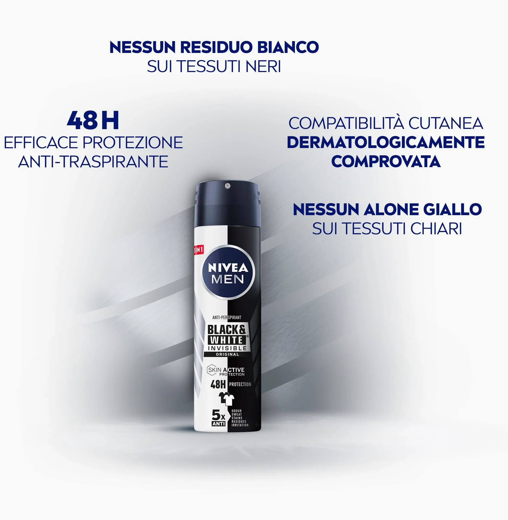 NIVEA Men Black & White Invisible Original Deodorante Uomo Spray Antitraspirante 48h Protezione Contro Cattivi Odori Sudore Macchie Residui Irritazioni - 8 Flaconi da 150ml
