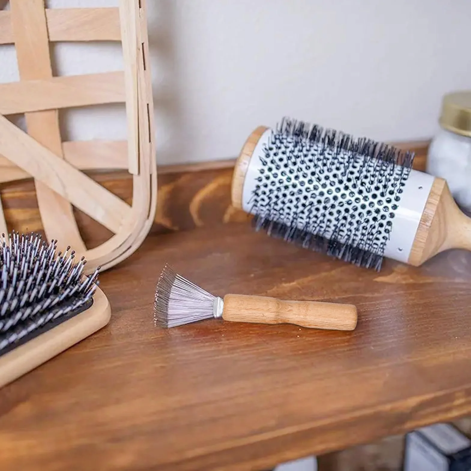 Spazzole per Capelli Strumento Pettine di Pulizia Rastrello con Manico in Legno