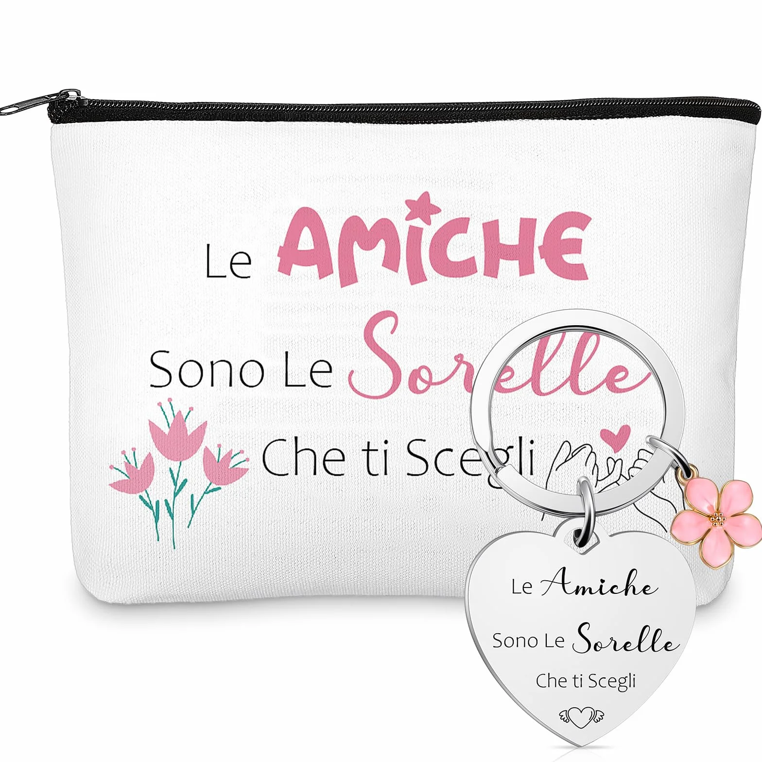 Weewooday Set Regalo per Migliore Amica e Sorella 1 Borsa per Cosmetici 1 Portachiavi dell'Amicizia con Ciondolo a Forma di Fiore Pochette per Trucchi Borsa Toilette Beauty Case per Compleanno