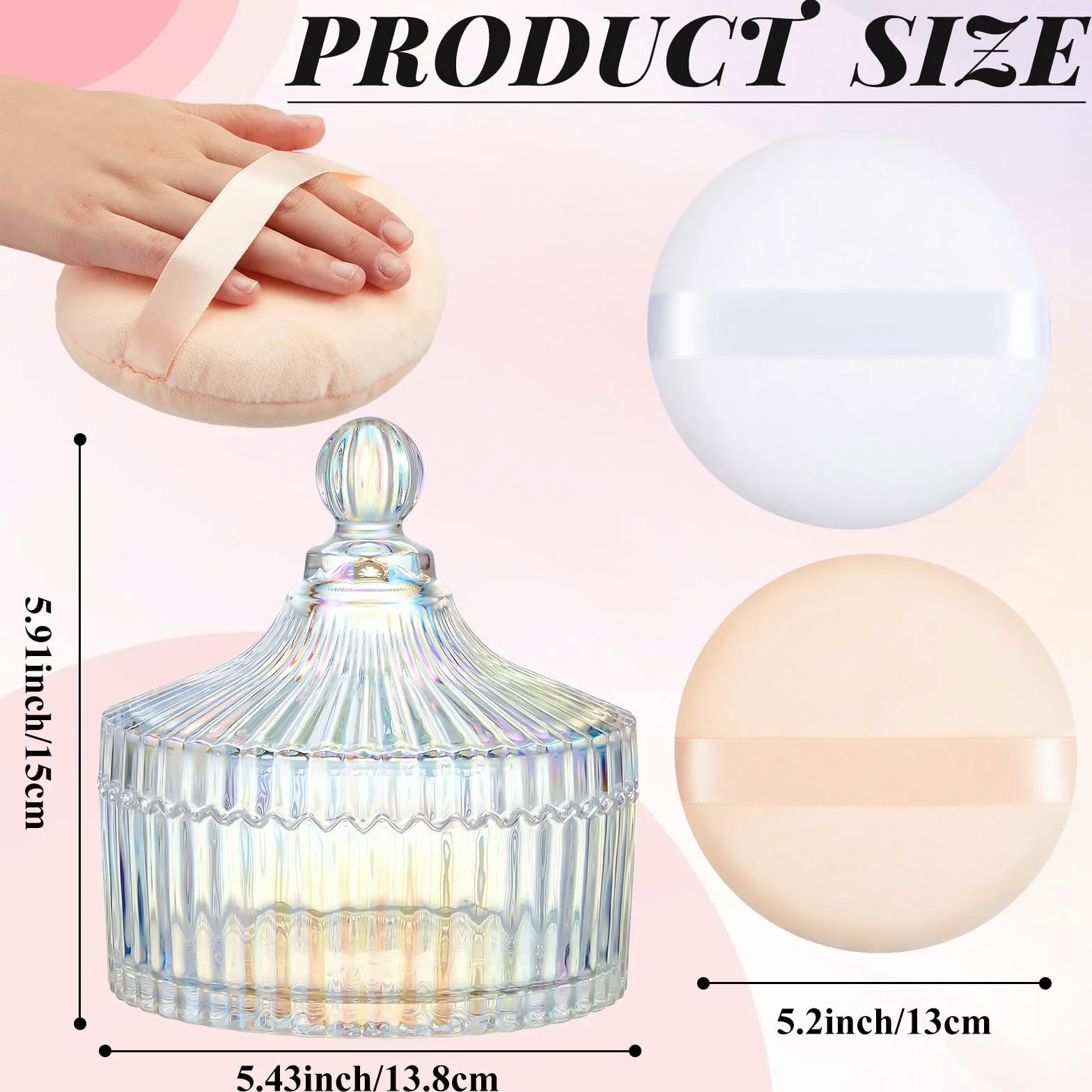 Tioncy 3 spugnette extra large per cipria e contenitori, 14 cm, contenitori in cristallo con spugnetta in velluto da 13 cm, contenitore in vetro per trucco da donna (abbagliante)