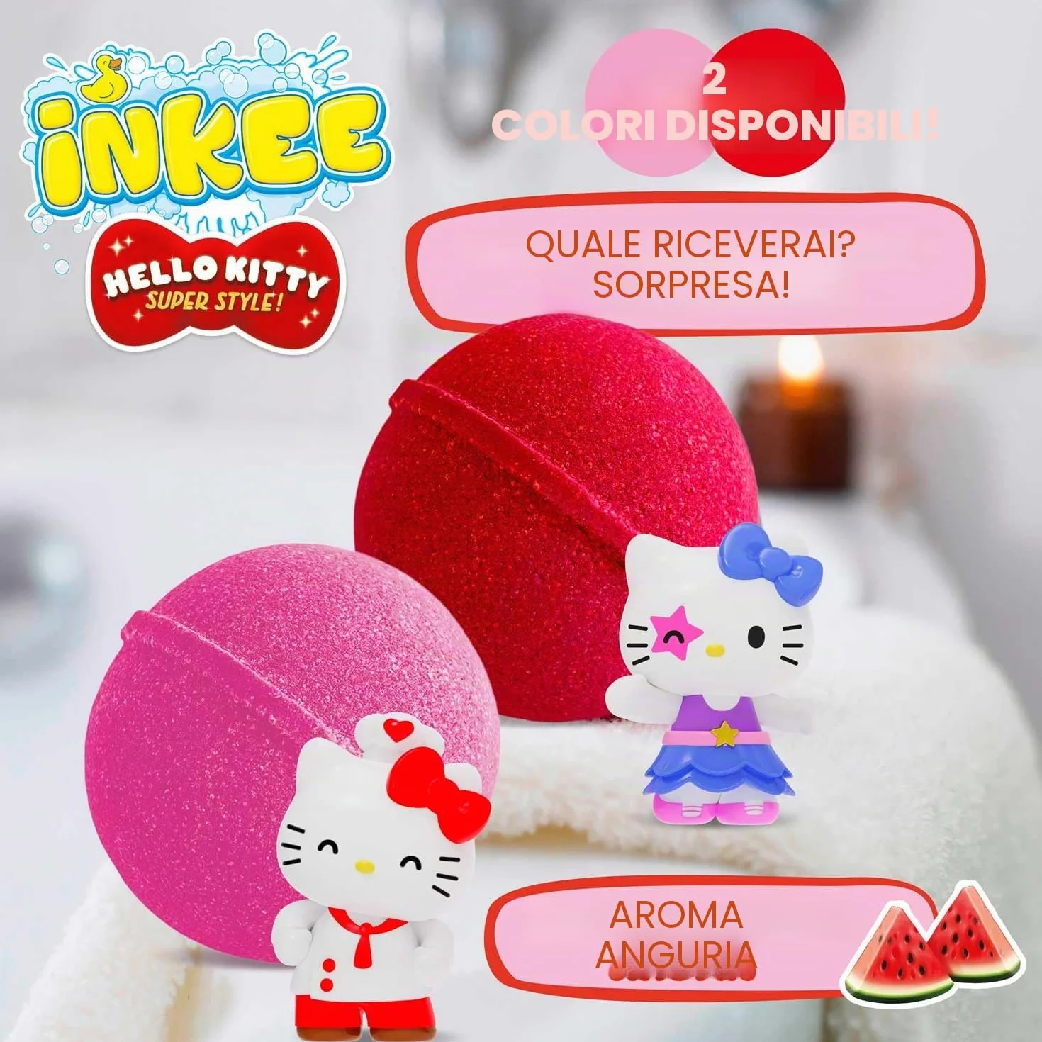 INKEE Hello Kitty – Bomba da bagno per bambini con sorpresa – 1 di 6 personaggi Hello Kitty da collezionare – Palla da bagno 80 g con aroma di anguria e olio di jojoba, rosa o rosso