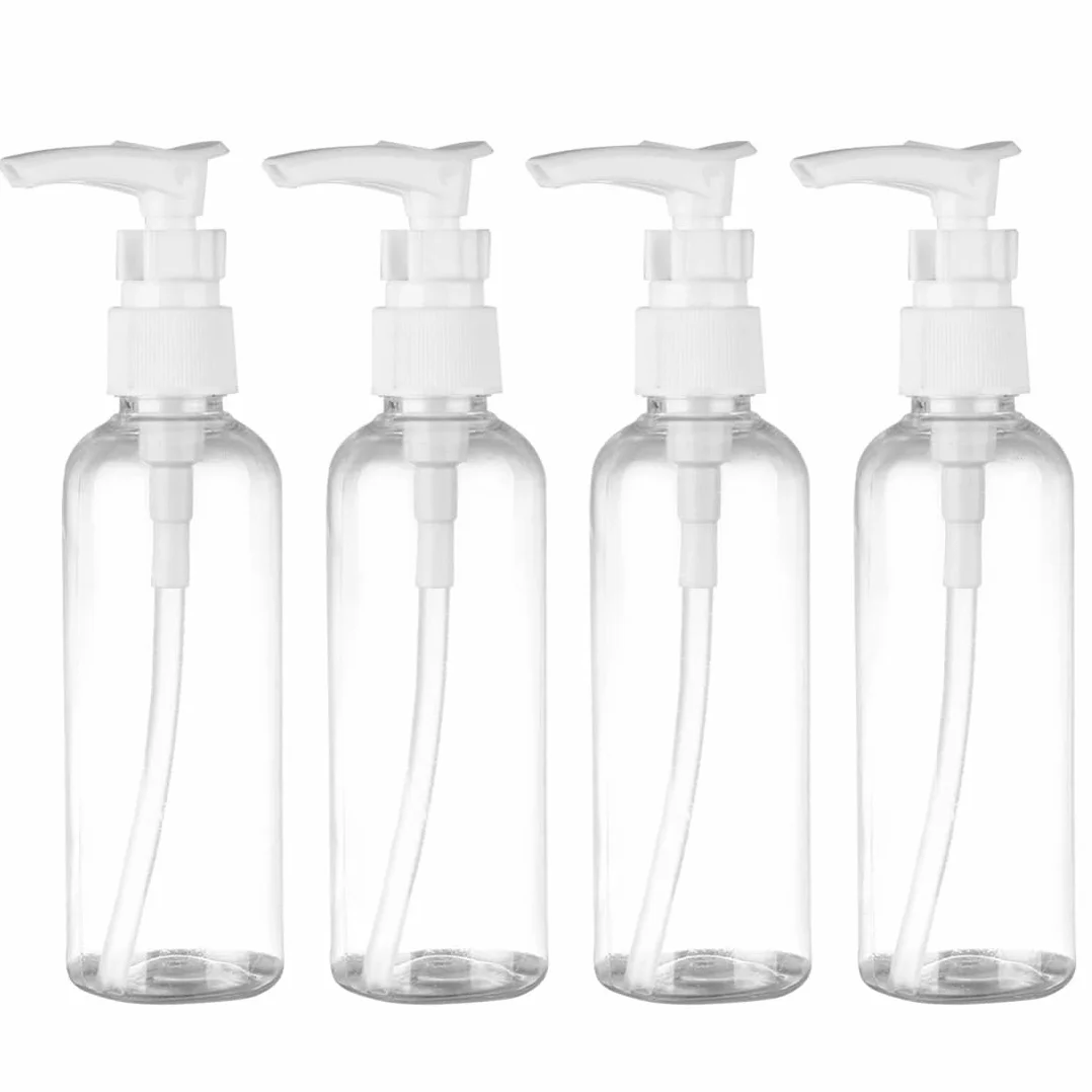 4 Pezzi Flaconi da Viaggio, 60 ml Bottiglie da Viaggio Trasparenti, Pompa da Viaggio in Plastica Dispenser, Boccette Contenitori Ricaricabile, per Lozione Emulsione Olio Pulizia Shampoo Gel Doccia