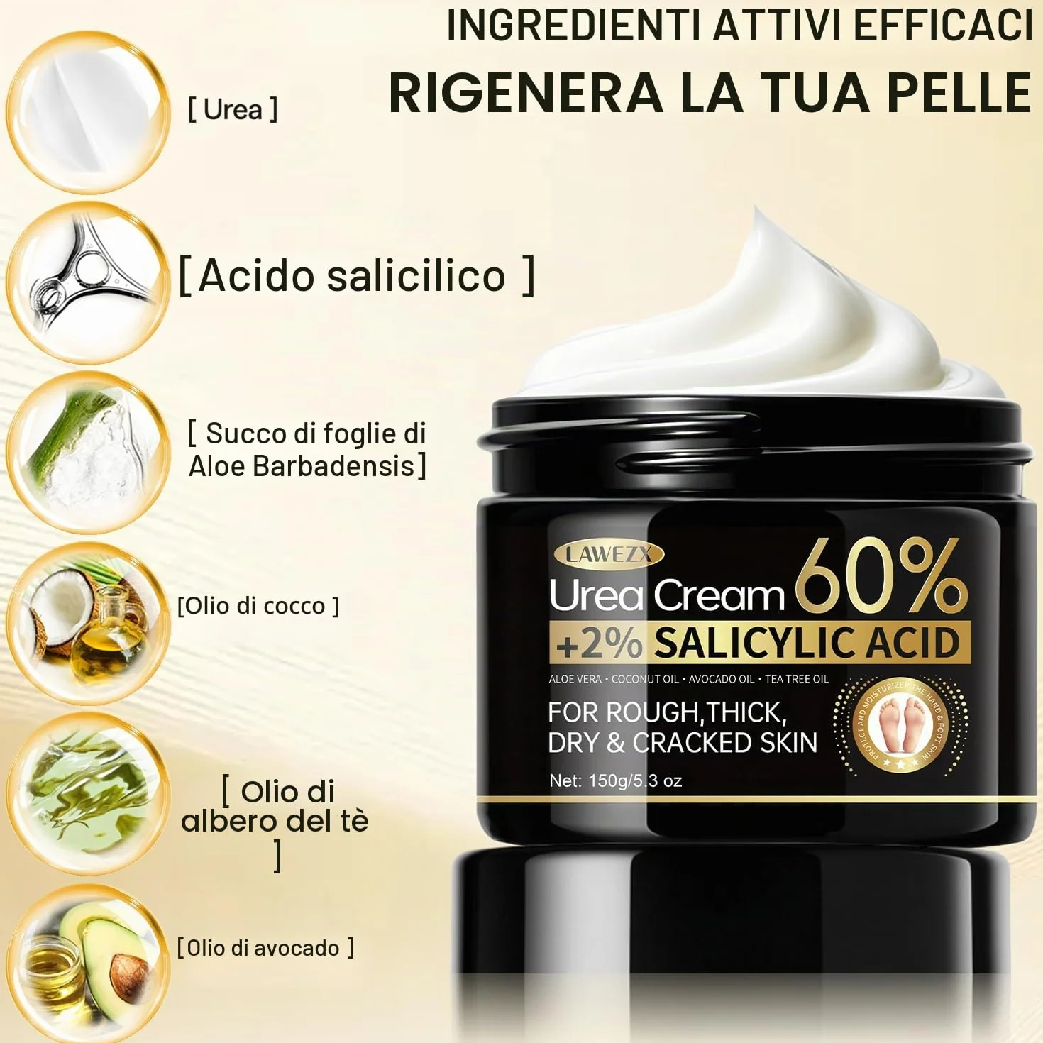 Crema Urea per Piedi e Mani, Crema Piedi Urea 60% con Acido Salicilico 2%, per Mani, Talloni, Gomiti e Ginocchia, Un'idratazione Profonda, Screpolati Rimozione e Ammorbidimento Dei Calli, 150g