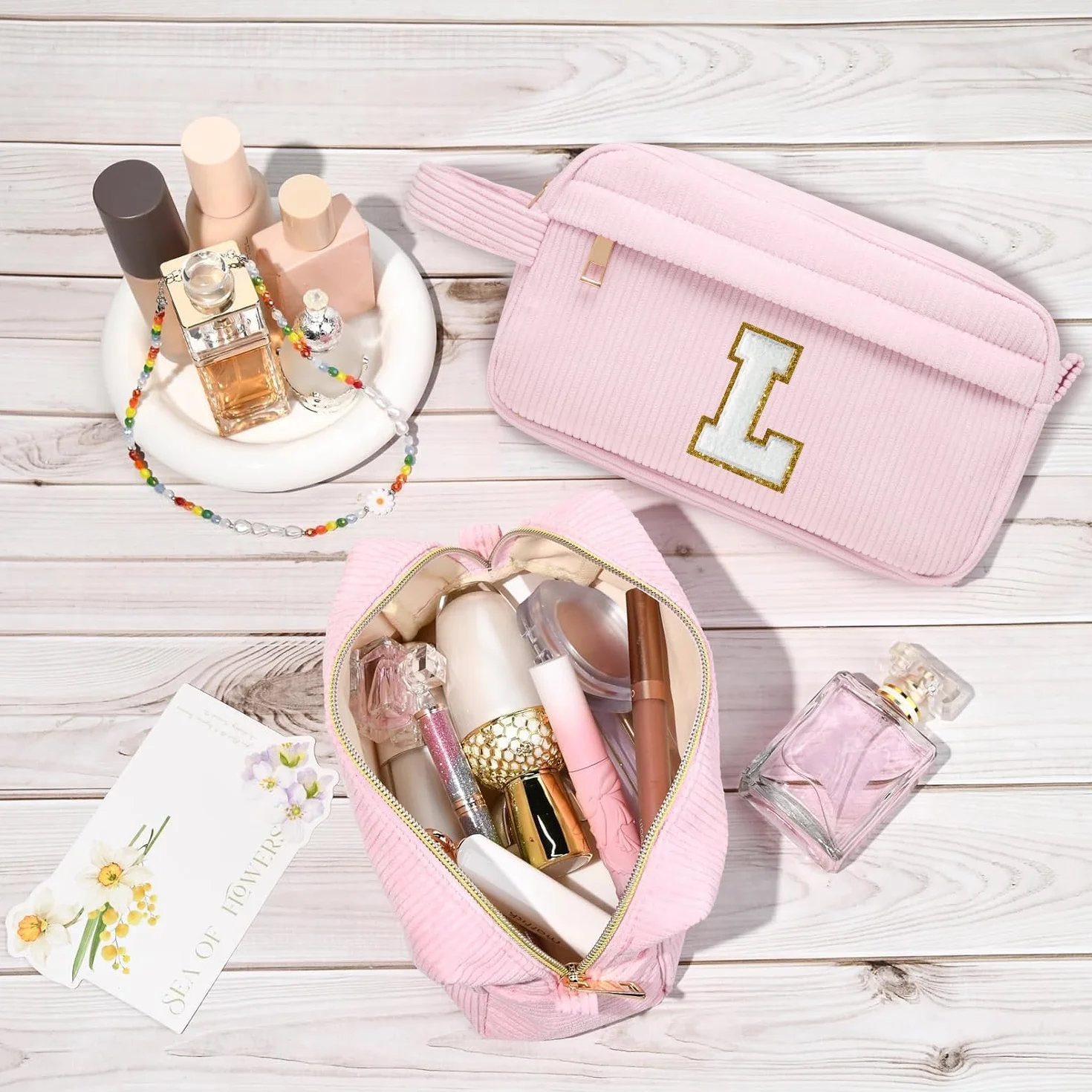Personalizzata Iniziale Borsa per Cosmetici per Donna, Pochette Trucchi Viaggio con Tasca Interna, Trousse Trucchi Organizer Cosmetici Rosa