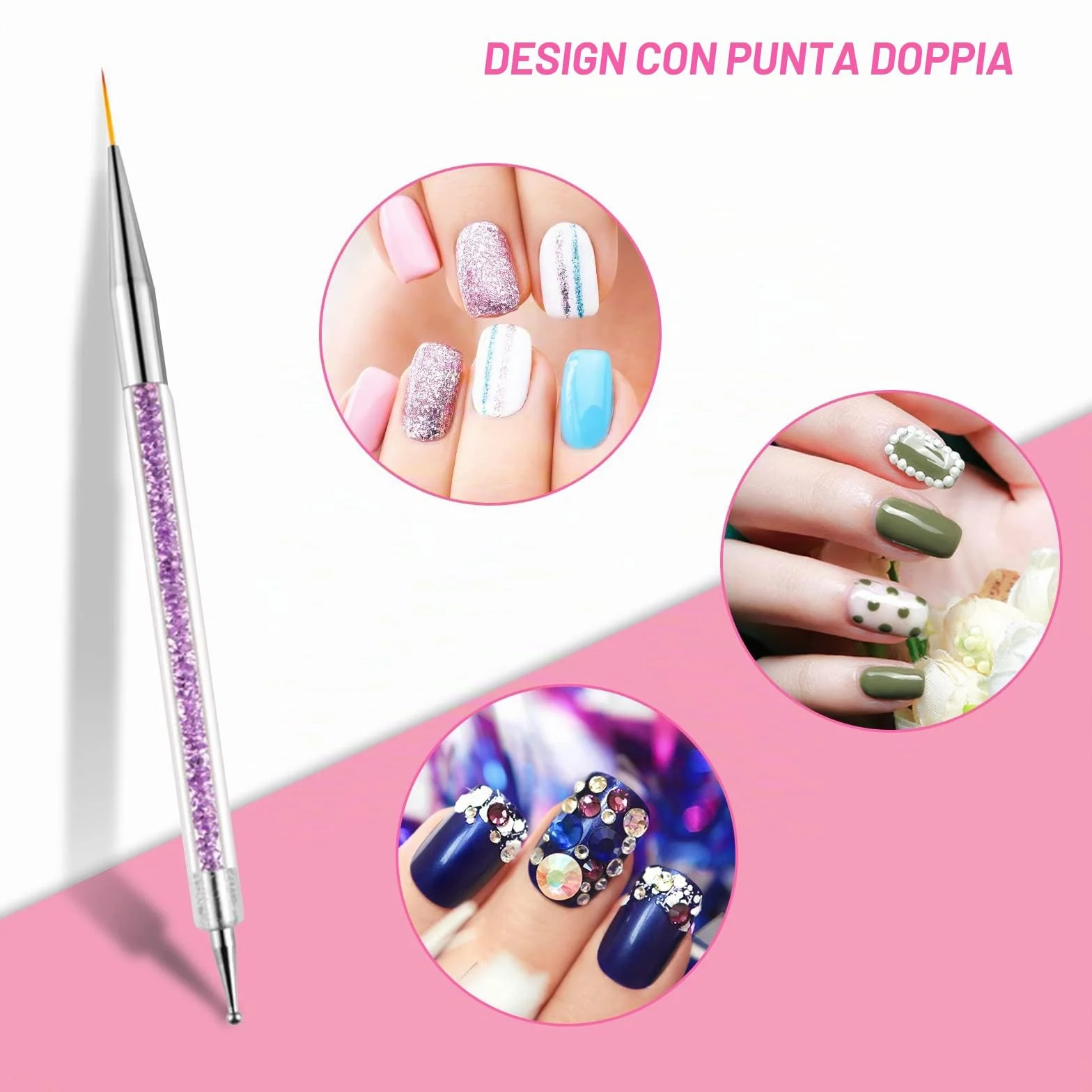 Sularpek 5 Pezzi Pennelli per Unghie, Pennelli Unghie Doppia Testa, Brush per Nail Art Penne dotter, Liner Pittura Pennello Set per DIY Disegno Decorazioni