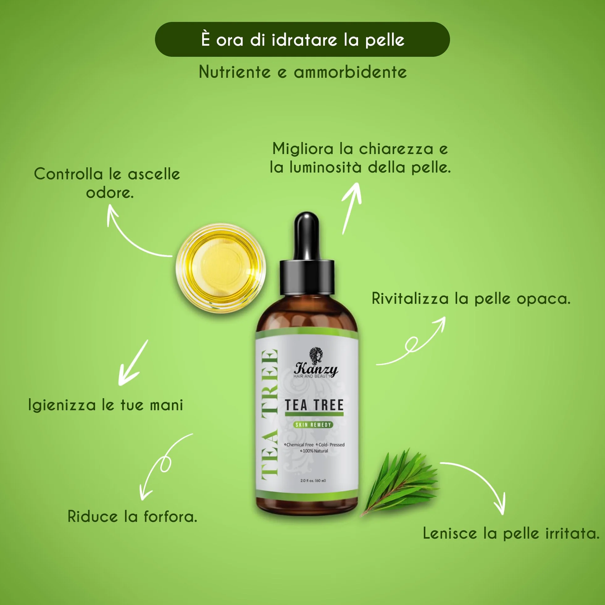 Kanzy Tea Tree Oil 60ml Olio Essenziale per Viso, Corpo, Capelli e Aromaterapia