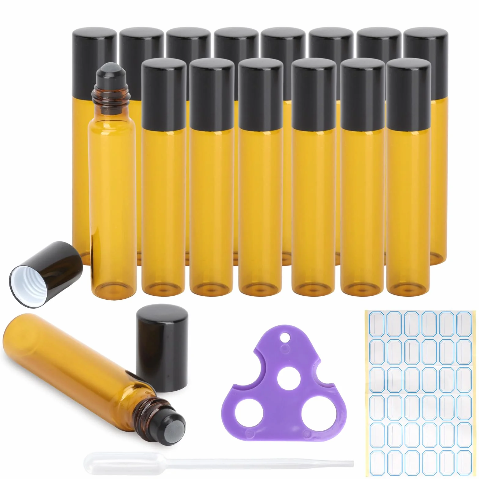 Set Roll On Vuoti 10ml,16 Flaconi in Bottiglie Vetro Ambrato con Tappo in Alluminio Nero + Pipetta Apribottiglie e Etichette Bottigliette Ricaricabili per Oli Essenziali Profumi Cosmetici