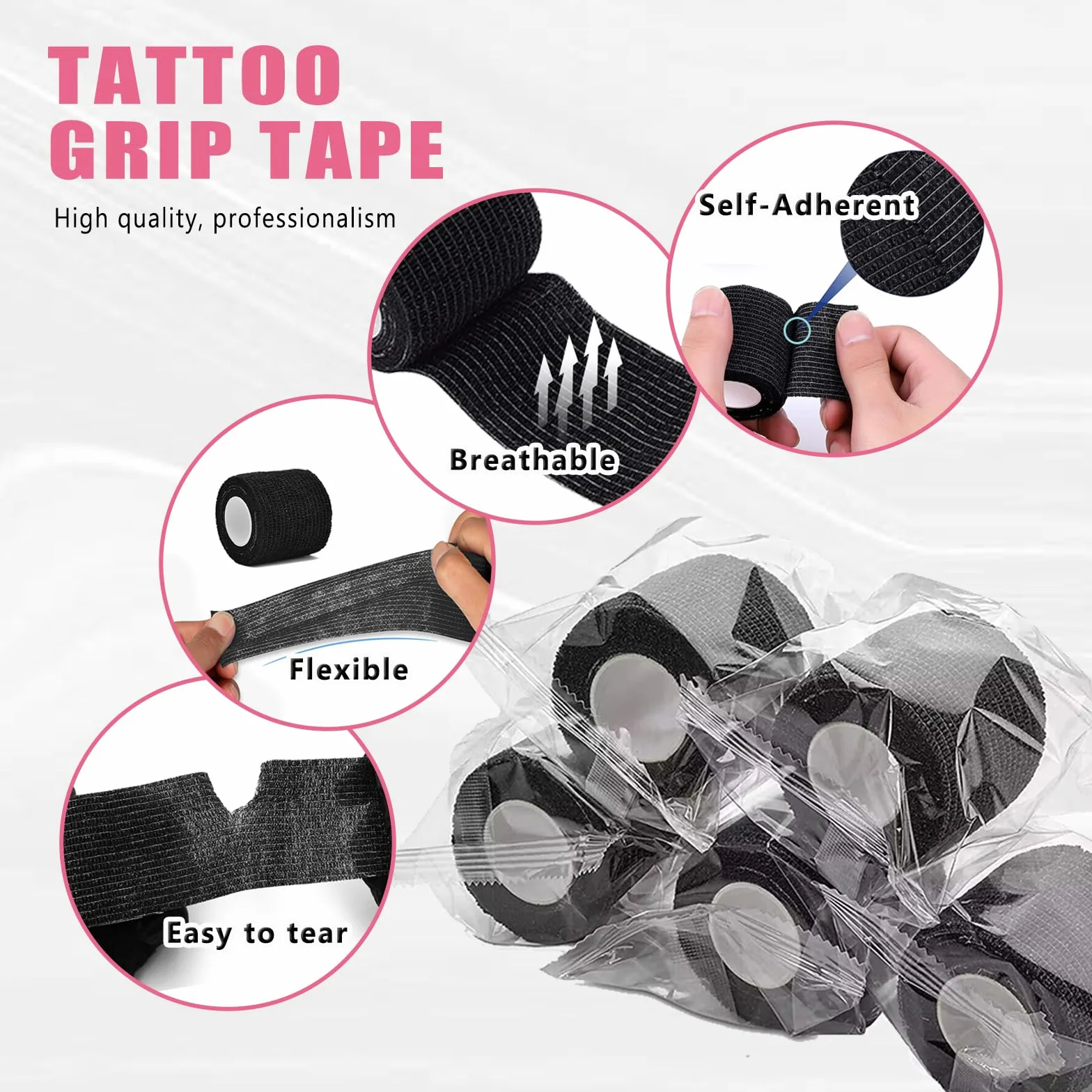 Coperture per Macchinette per Tatuaggi con Nastri di Presa - LEAYOKA 4 pezzi (5cmx4.5m) Tattoo Grip Tapes con 200 pezzi (6.5cmx18cm) Rosa Coperture Monouso per Macchine per Tatuaggi