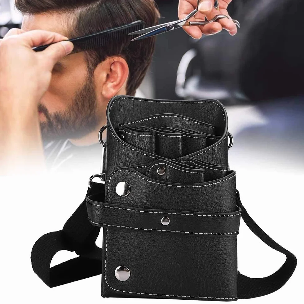 Borsa per Forbici Staccabile Marsupio da Parrucchiere Kit per Parrucchieri in Pelle PU Borsa da Barbiere Rivetto Adatto per Forbici da Parrucchiere, Clip, Pettini per Capelli (Nero)