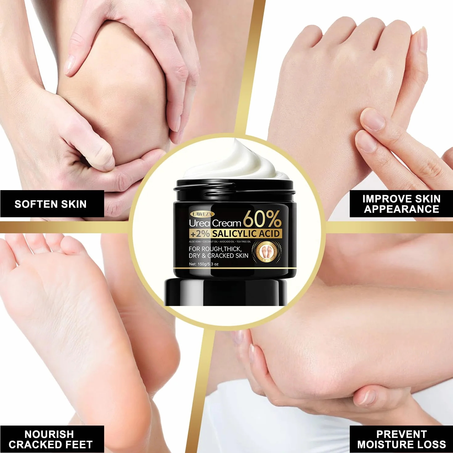 Crema Urea per Piedi e Mani, Crema Piedi Urea 60% con Acido Salicilico 2%, per Mani, Talloni, Gomiti e Ginocchia, Un'idratazione Profonda, Screpolati Rimozione e Ammorbidimento Dei Calli, 150g