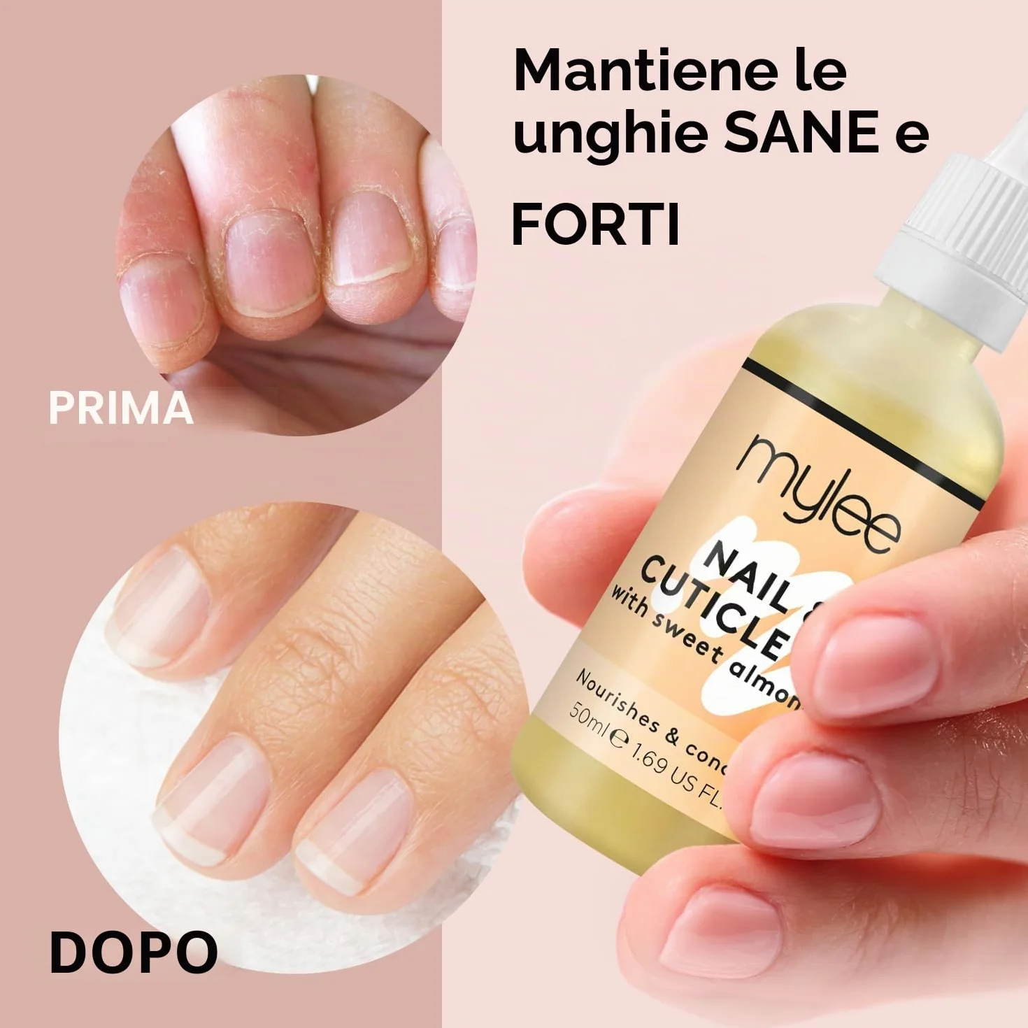 Mylee Olio per Unghie e Cuticole alle Mandorle Dolci 50ml – Olio Balsamo Profondamente Idratante e Nutriente, Formula non Grassa e Senza Residui, Non Unge, Delicatamente Profumato