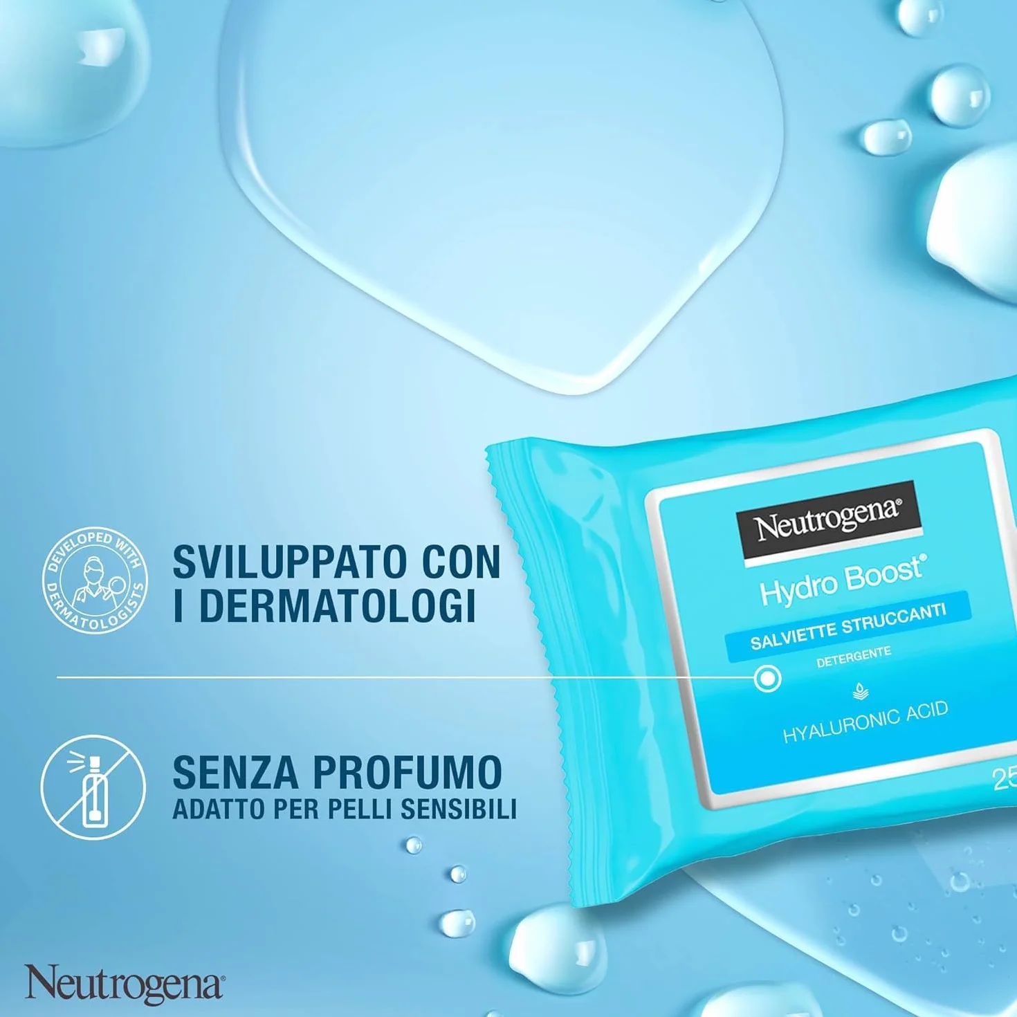 Neutrogena Hydro Boost Salviette Struccanti, Salviettine struccanti e idratanti arricchite con Acido Ialuronico, Struccante viso e occhi detergente per trucco waterproof, 1 confezione da 25 pezzi