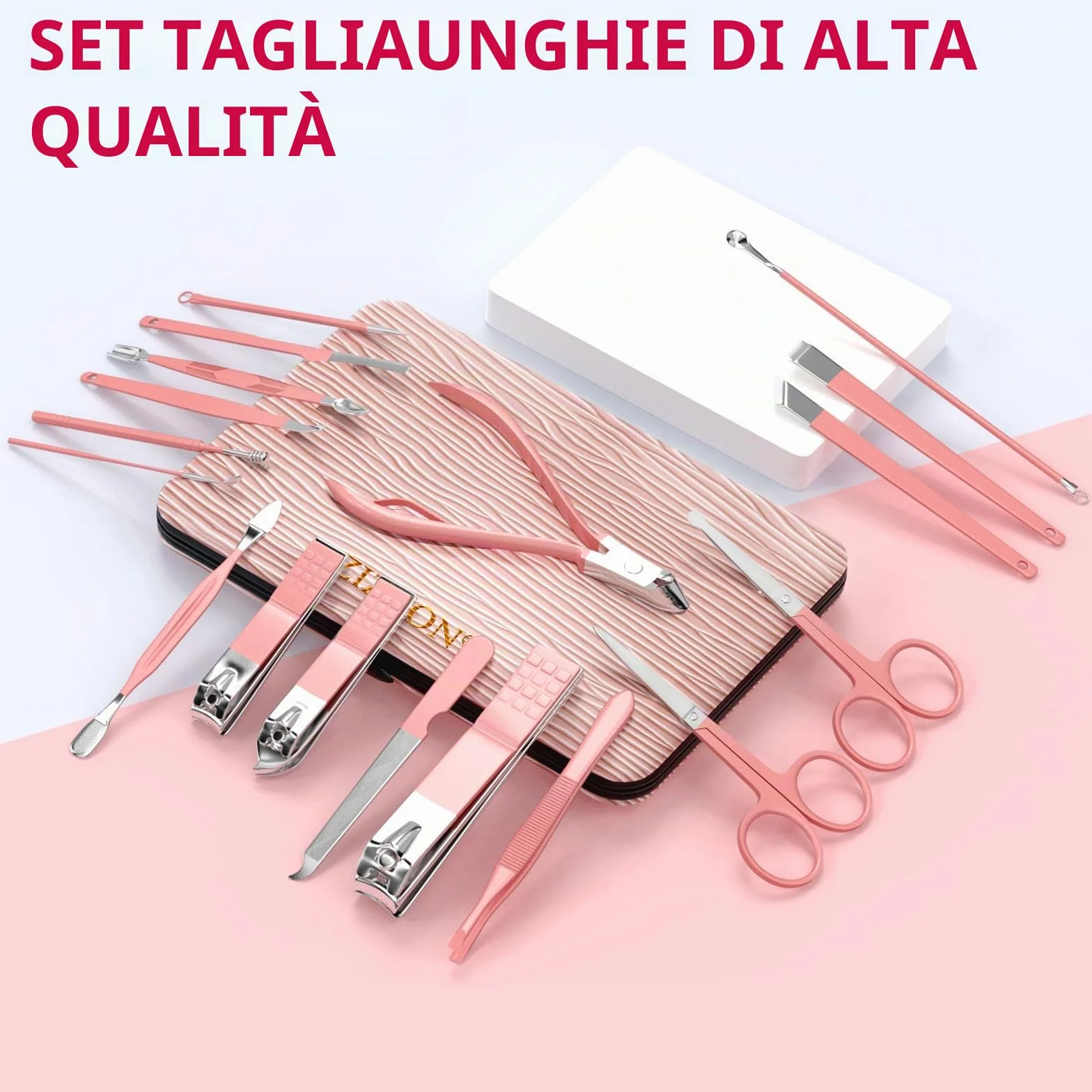 ZIZZON zestaw do manicure 18 w 1 profesjonalny do pedicure z etui podróżnym różowy