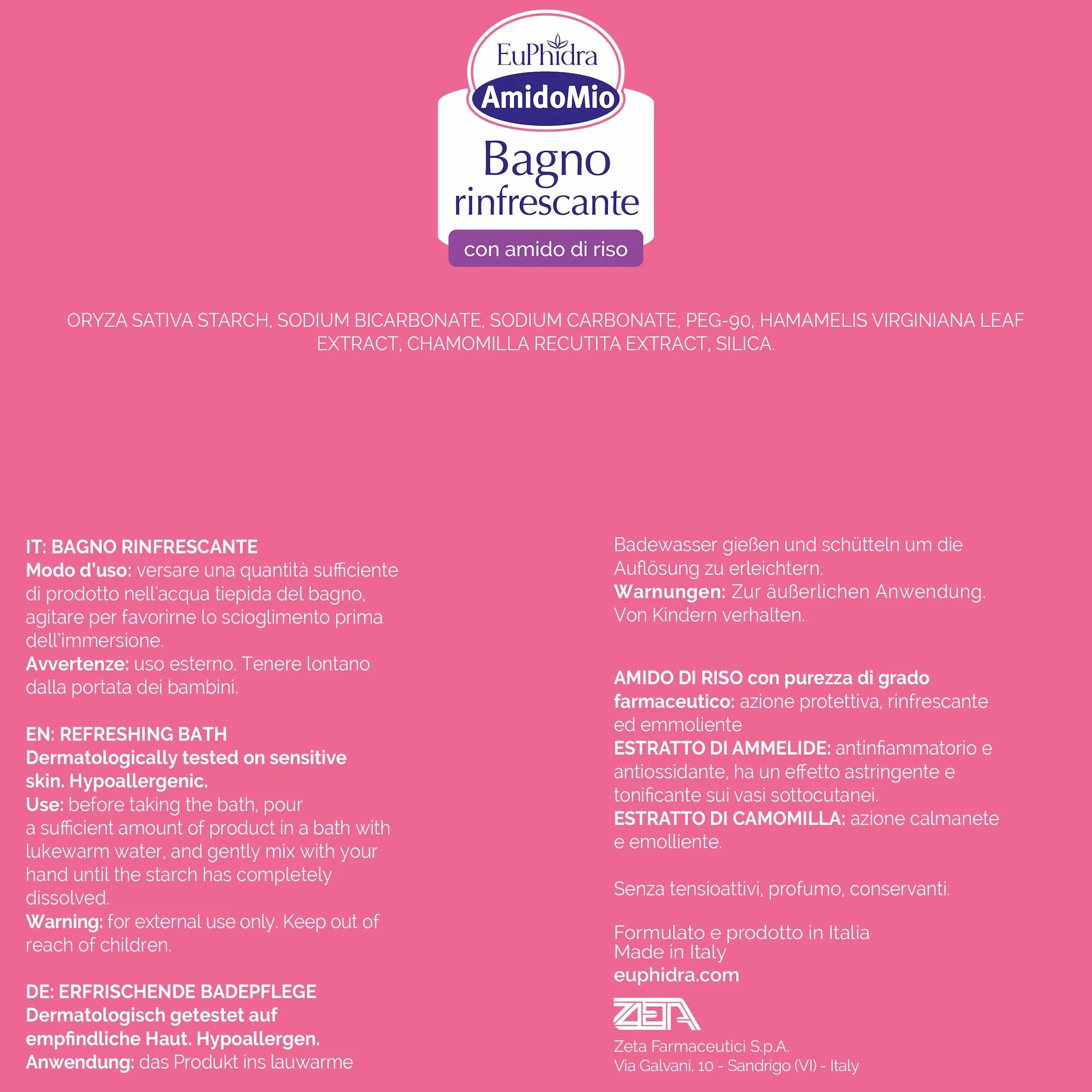 Euphidra - AmidoMio Bagno Rinfrescante, Polvere Lenitiva con Amido di Riso 100% puro, per Pelli Delicate e Sensibili, Rinfrescante e Antinfiammatorio, Flacone 125g