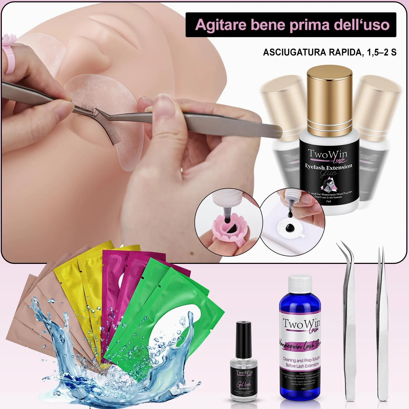 TwoWin Kit per Extension di Ciglia, Testa di Manichino Professionale | per Formazione e Pratica di Extension di Ciglia per Principianti, Forniture per Estetiste e Cosmetologia
