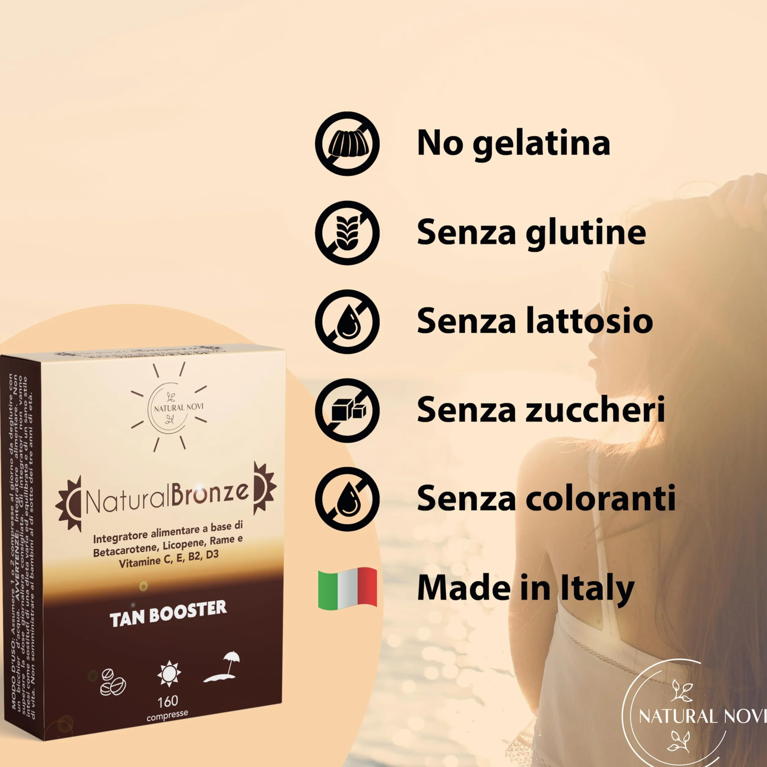 NaturalBronze Integratore Abbronzatura 160 compresse Betacarotene Licopene Rame Selenio Vitamine B C D E