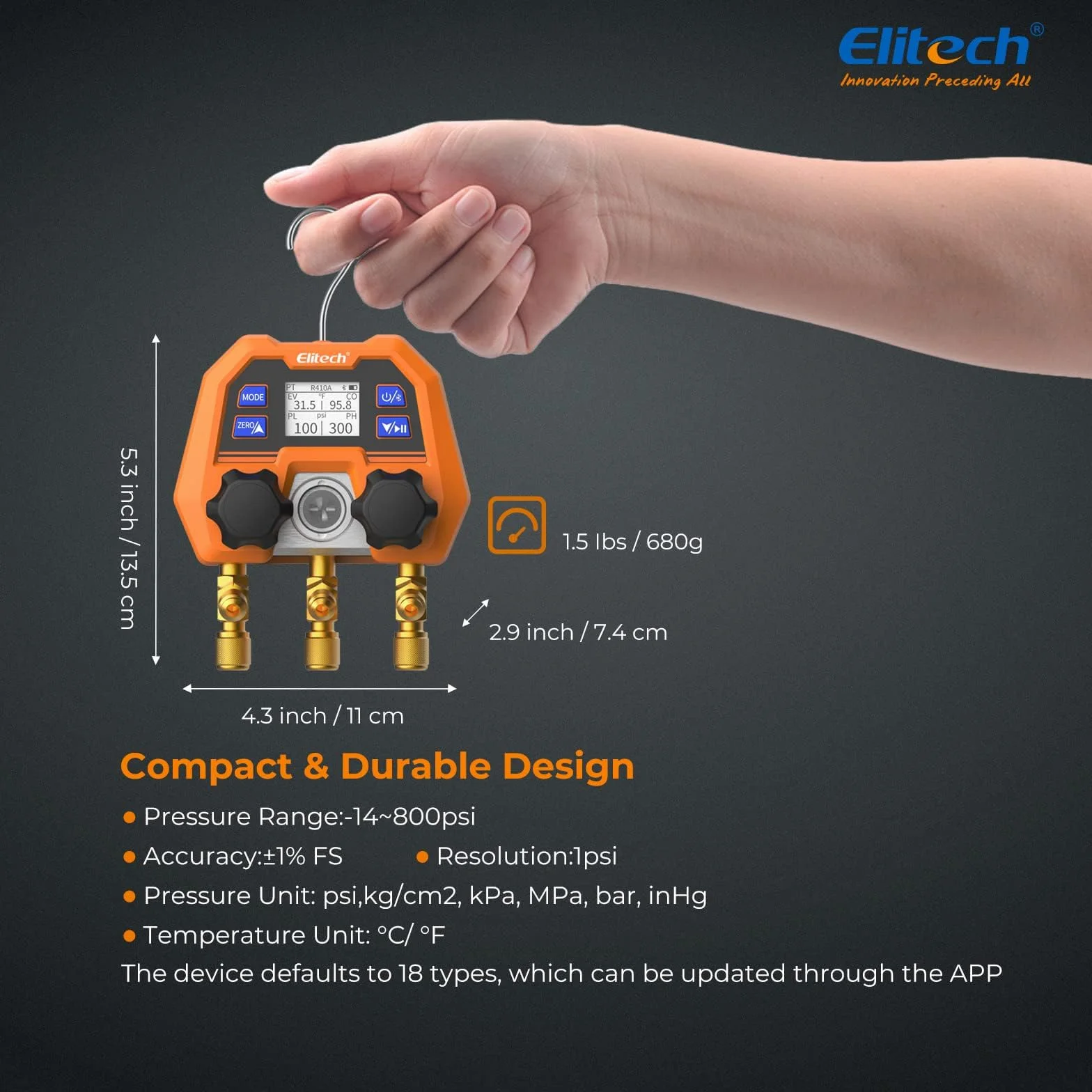 Elitech Misuratore di Refrigerante Manometro Digitale per Collettori HVAC DMG-4B