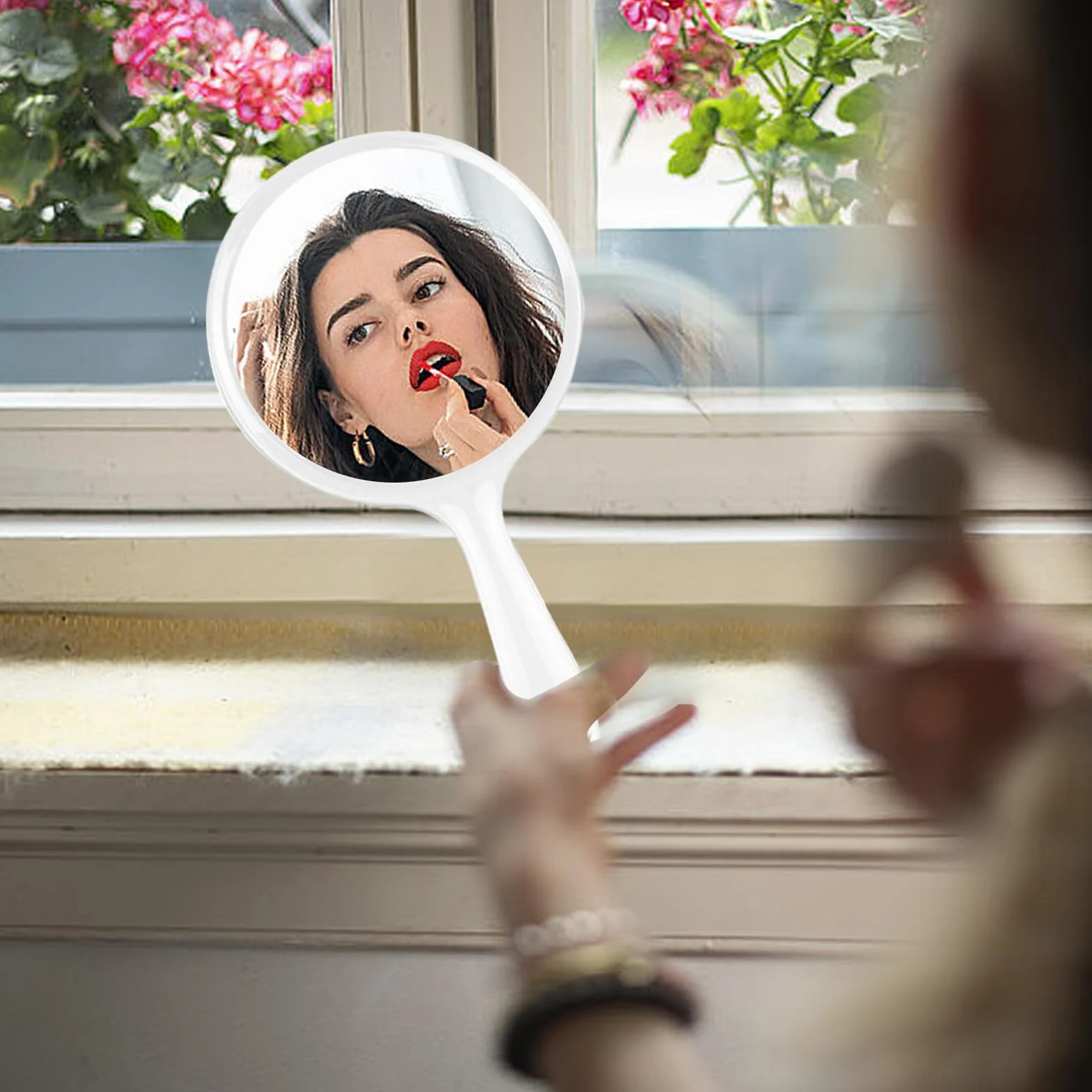 specchio a mano bifacciale, specchio a mano con manico, lente d'ingrandimento trasparente multifunzione 1x/2x, adatta per il trucco quotidiano femminile., SMJ-2X