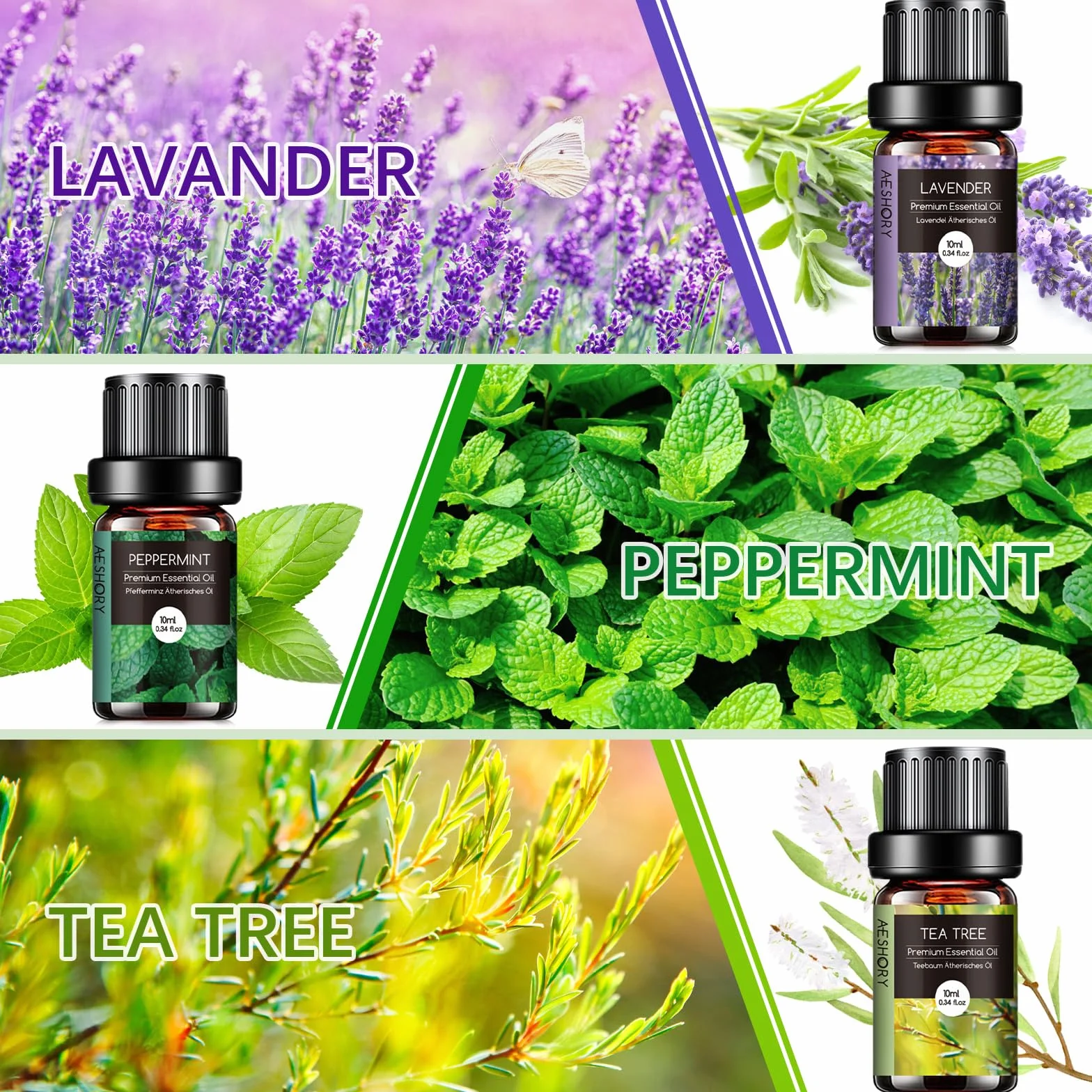 AESHORY Set Oli Essenziali 6x10ML Puri Naturali Aromaterapia Lavanda Tea Tree Menta Piperita Eucalipto Arancia Dolce