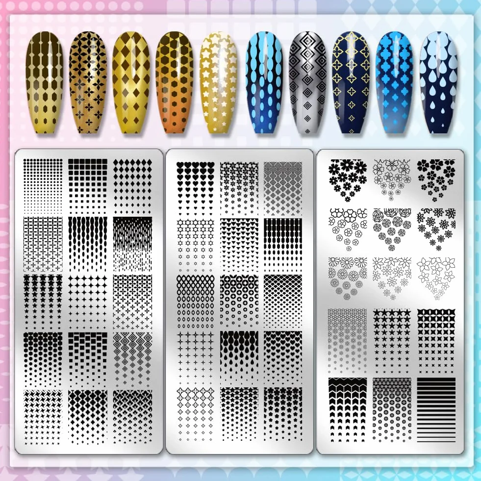 PH PandaHall 3 piastre per stamping unghie con gradienti classici, croce cuore, stella, fiore, nail art, geometria, fai da te, stencil per stamping, stencil per donne, manicure, forniture per saloni